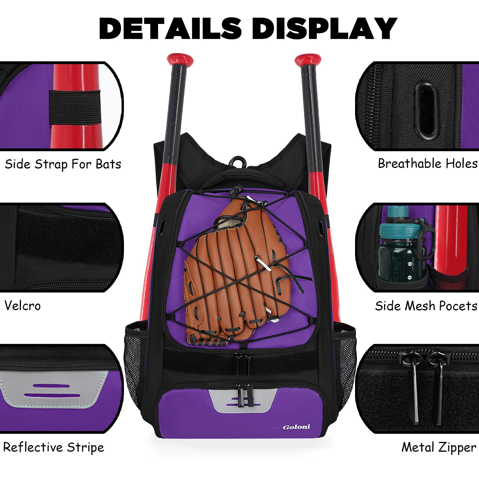 Goloni Mochila de béisbol, bolsa de béisbol para adultos, bolsa de bate de sóftbol con compartimento para zapatos, compartimento principal grande para casco y accesorios, gancho de valla