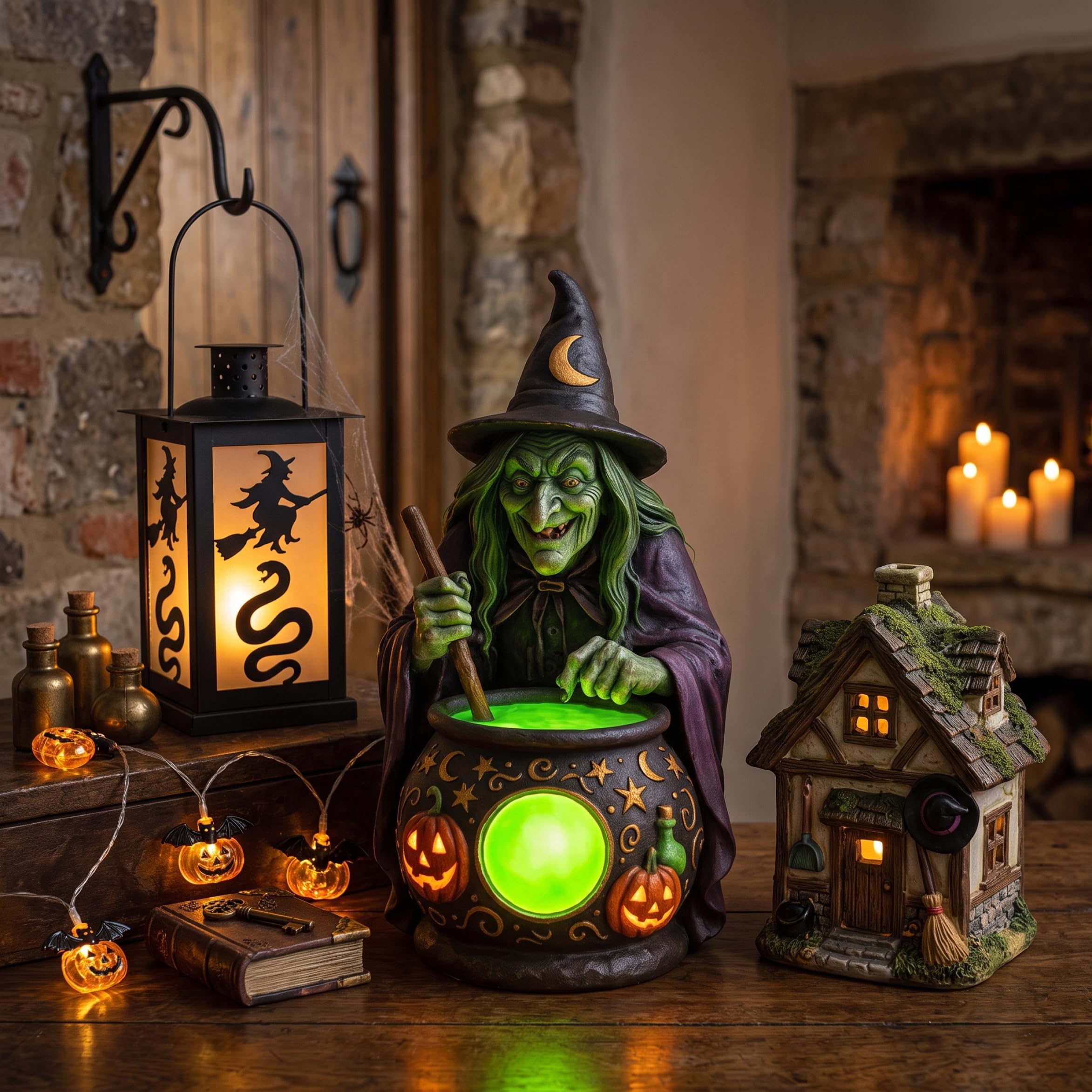 Lampada da strega di Halloween, strega di Halloween con calderone, decorazione a doppia funzione e lampada da tavolo, cappello nero