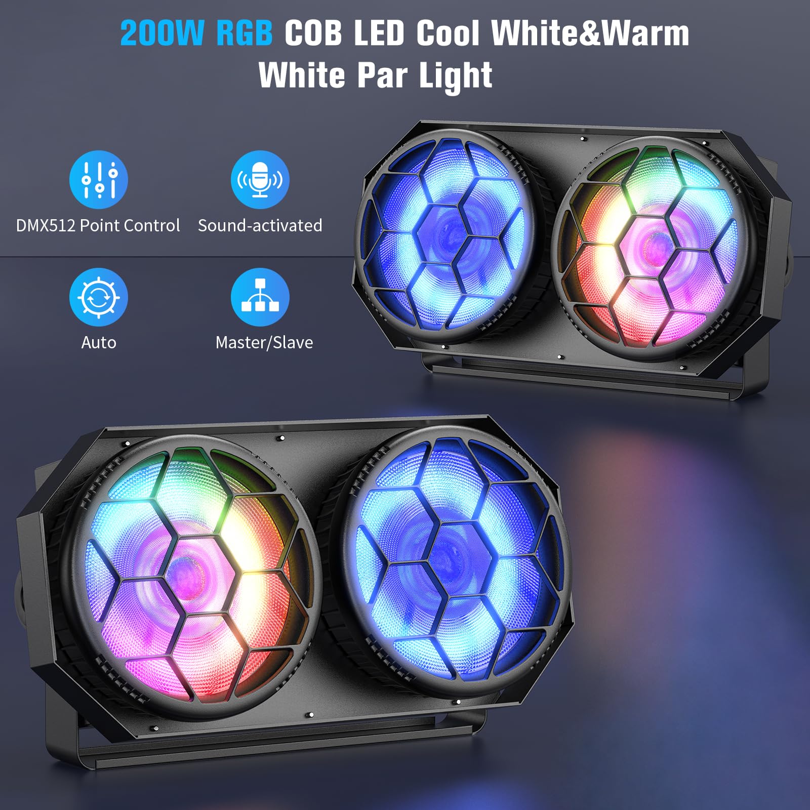 200W Par LED COB+RGB Luces Escenario,Blanco Frío/Cálido Foco Escenario,Control DMX512/Auto/Sonido/Estroboscópico,Foco Par Teatro para DJ Bar Boda Iglesia Conciertos Discoteca Navidad,1 PCS