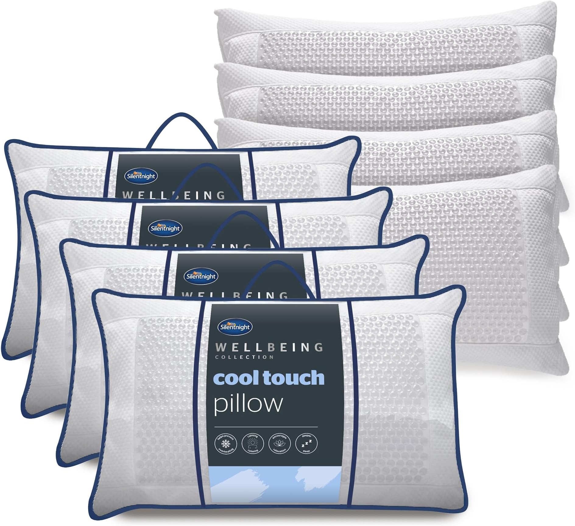 Silentnight Wellbeing Collection Cool Touch Pillow 4 Pack Luxury Cooling Gel Pillow Stay Cool At Night Prevent Overheating For Side Back Sleepers - Medium Support Bed Four Pillows