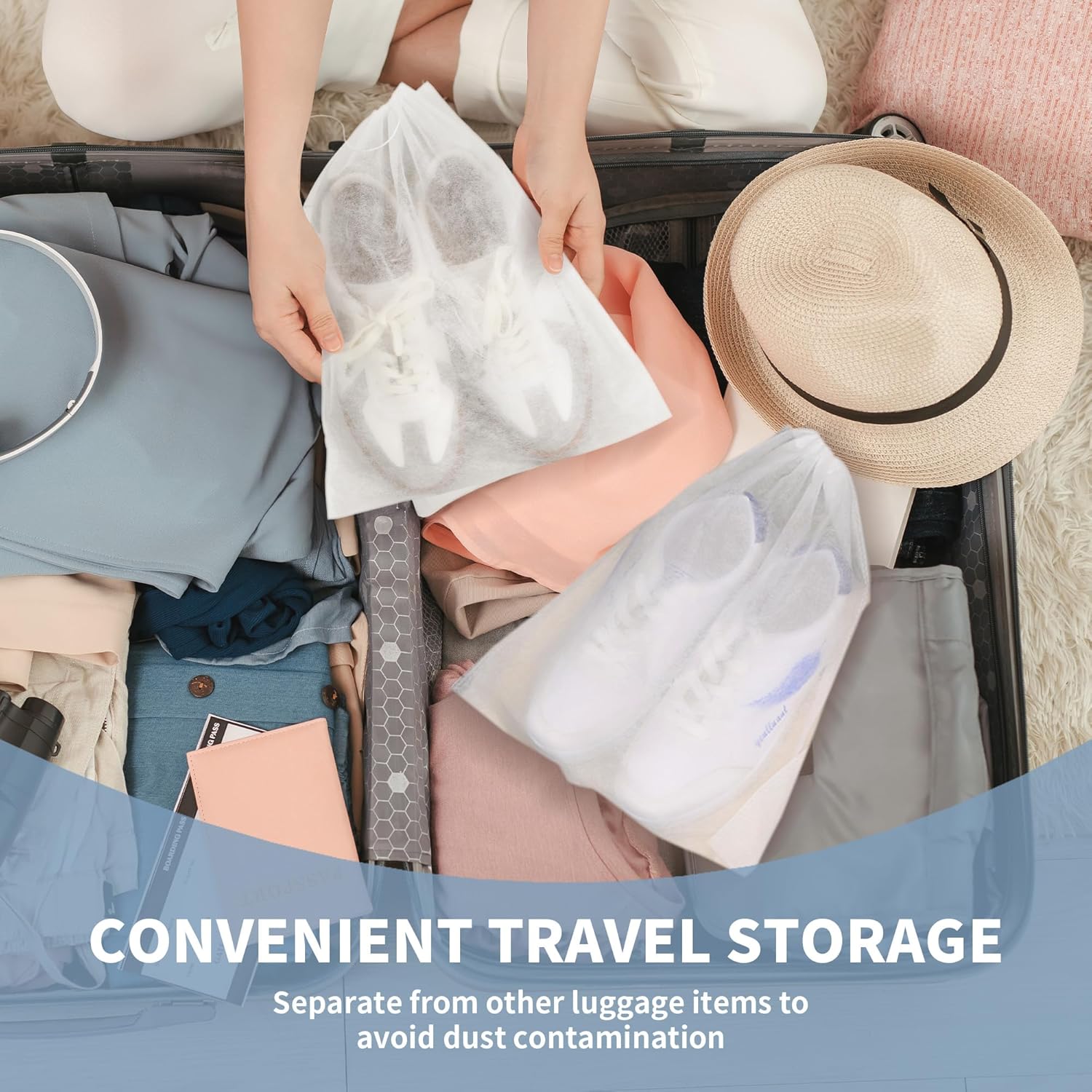 200 Pcs Dust Proof Shoe Bag, Non Woven Shoe Storage Bags for Men and Women, Drawstring White Shoes Pouch Storage for Travel (12.8 x 18.9 Inch) - Image 5