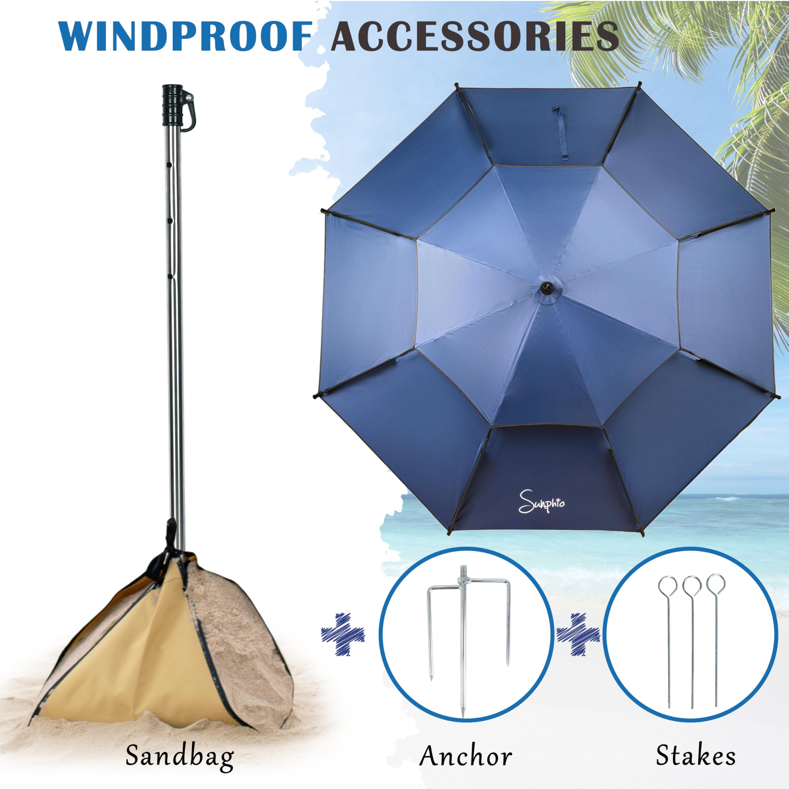 Sunphio Parasol Plage 220 cm, Anti UV Protection 50, Anti Vent, Solide, Inclinable, Compact, Grand Parasol Rond de Plage, Résistant au Vent