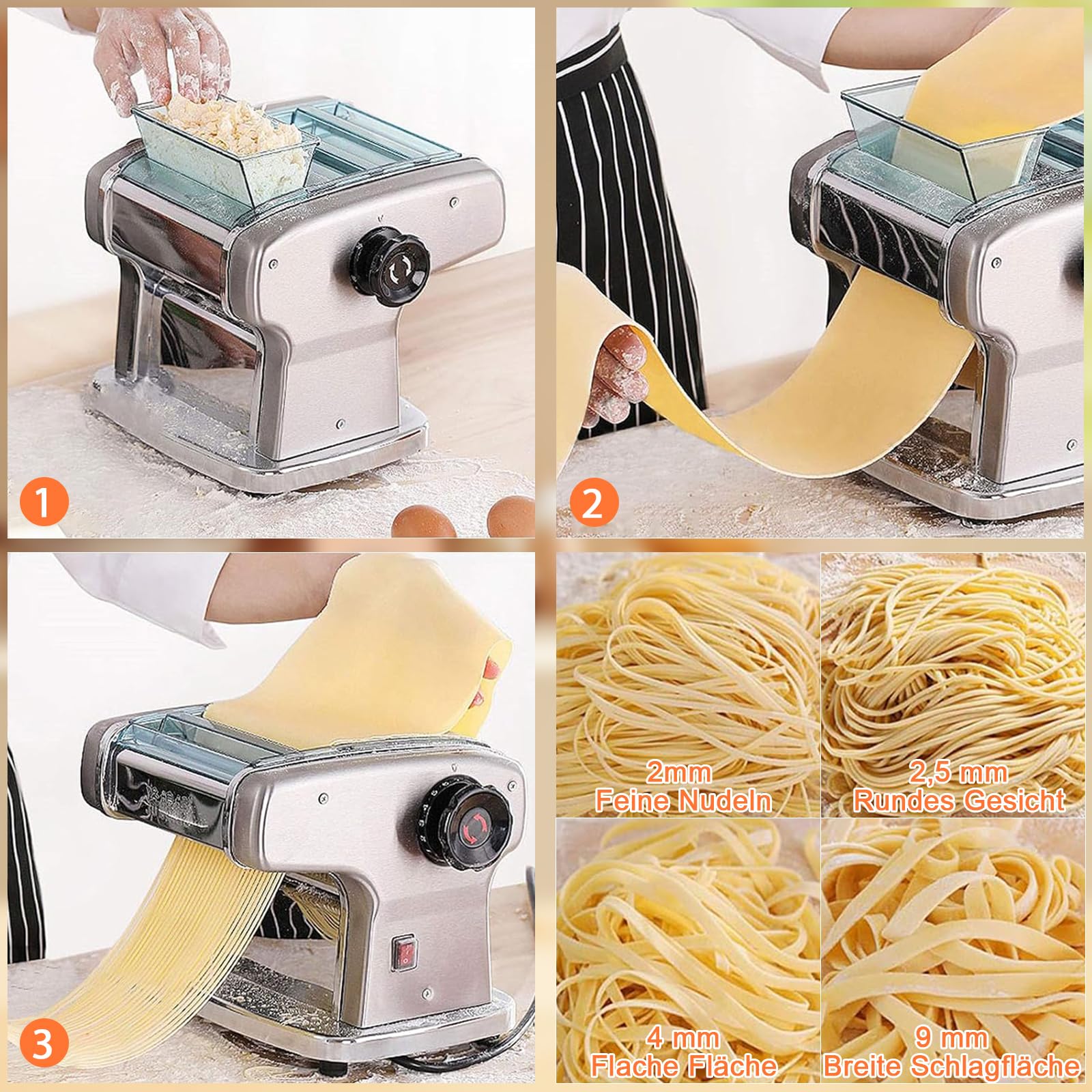 Macchina per pasta elettrica da 135 W, in acciaio inox, per la preparazione di spaghetti e lasagne, con 4 lame di larghezza (2 mm, 2,5 mm, 4 mm, 9 mm) e 9 spessori variabili di impasto