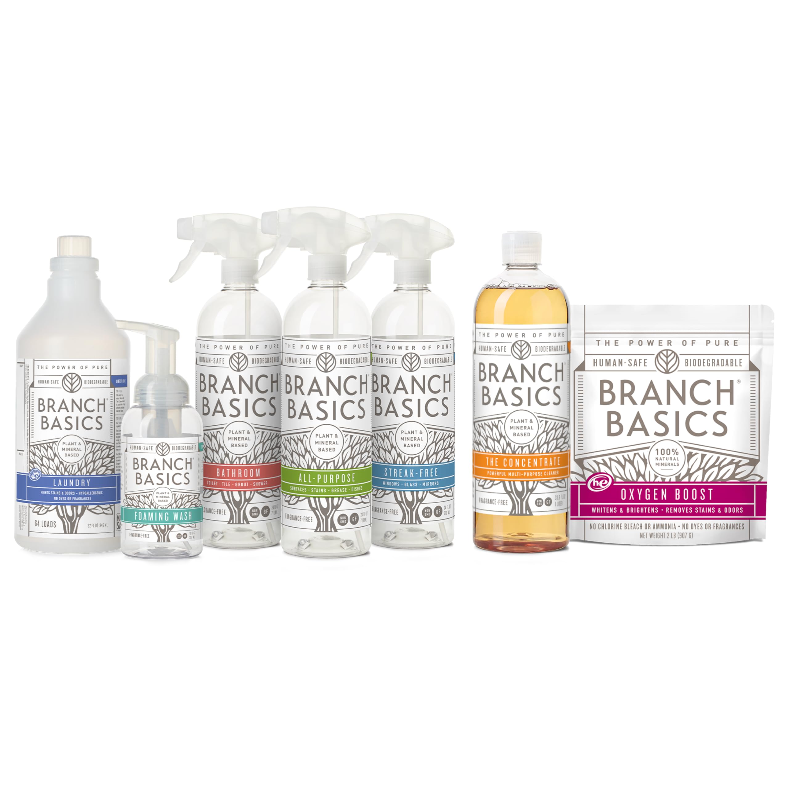 Branch Basics Premium Starter Kit: All Purpose Cleaner, Glass, and Bathroom Cleaner plus our Foaming Wash, and Laundry Bottle (3 Plastic Spray Bottles + Concentrate) Fragrance-Free