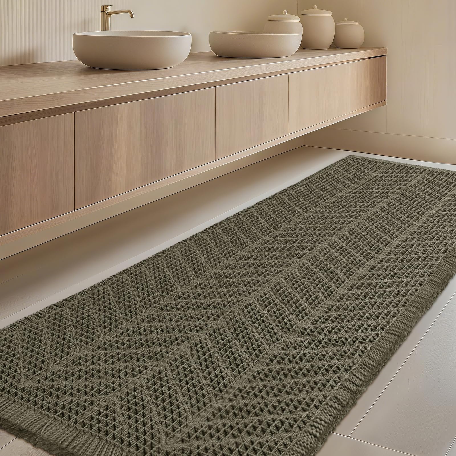 IM HOME Extra Large Waffle Bath Mat, 5'x2' Greyish Green, Boho Bathroom Rugs Absorbent Non Slip, Ultra Soft Bathroom Mat, Machine Washable Knit Bath Rugs with Herringbones for Bathroom, Kitchen