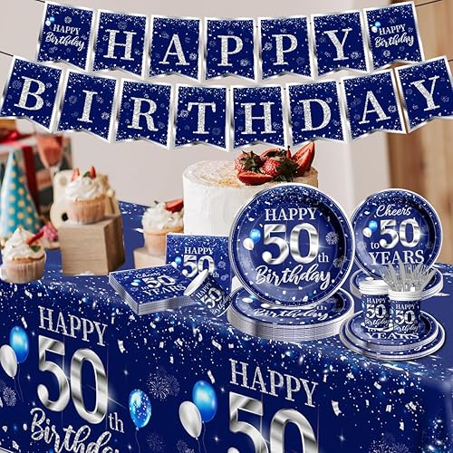 Miniatura 4 de Juego de vajilla de 142 piezas para decoración de cumpleaños número 50, color plateado y azul, suministros de fiesta de cumpleaños número 50 para