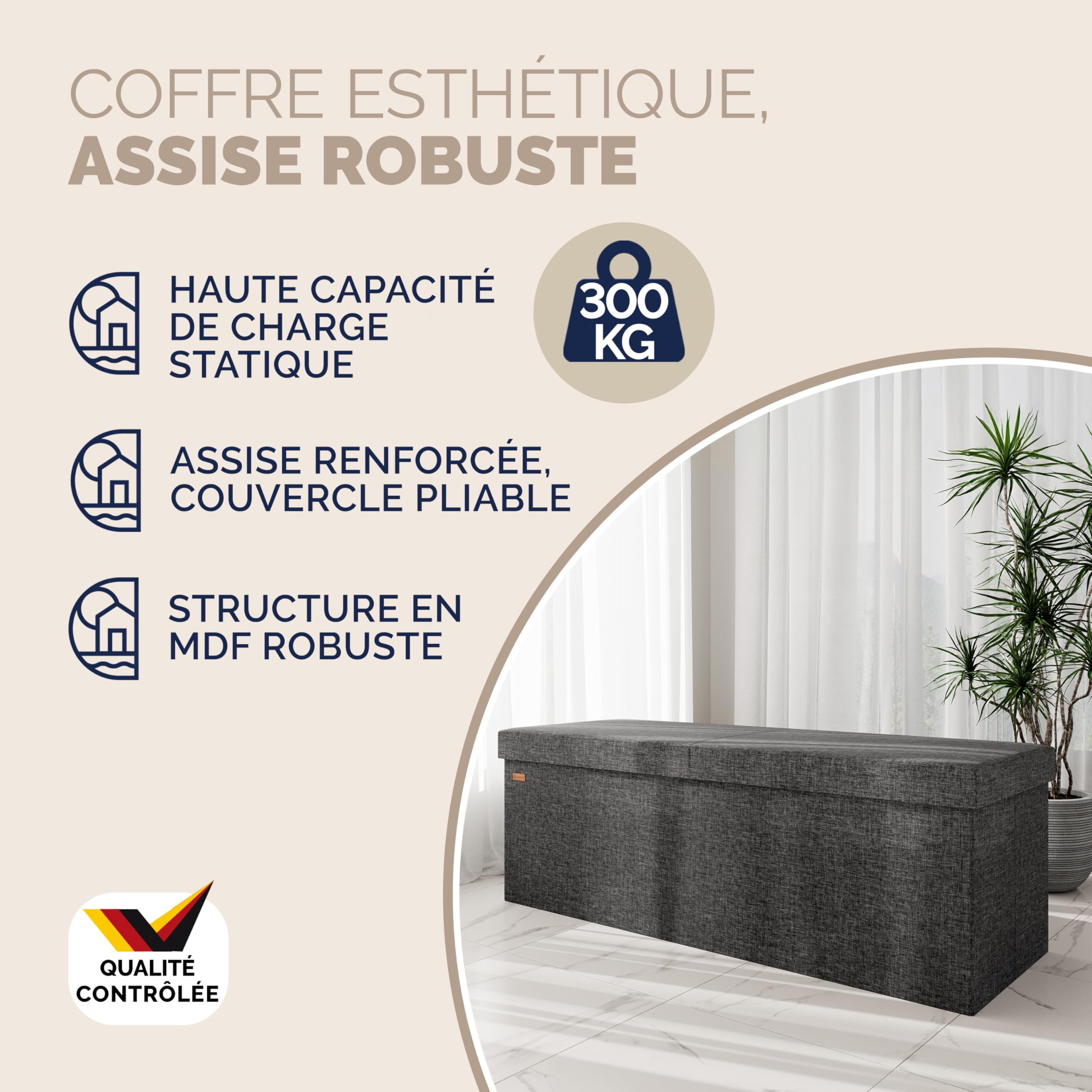 Casaria® Banc de Rangement Noir 115 x 38 x 38 cm Siège Coffre de Rangement Pliable 131L pour Salon Chambre Couloir
