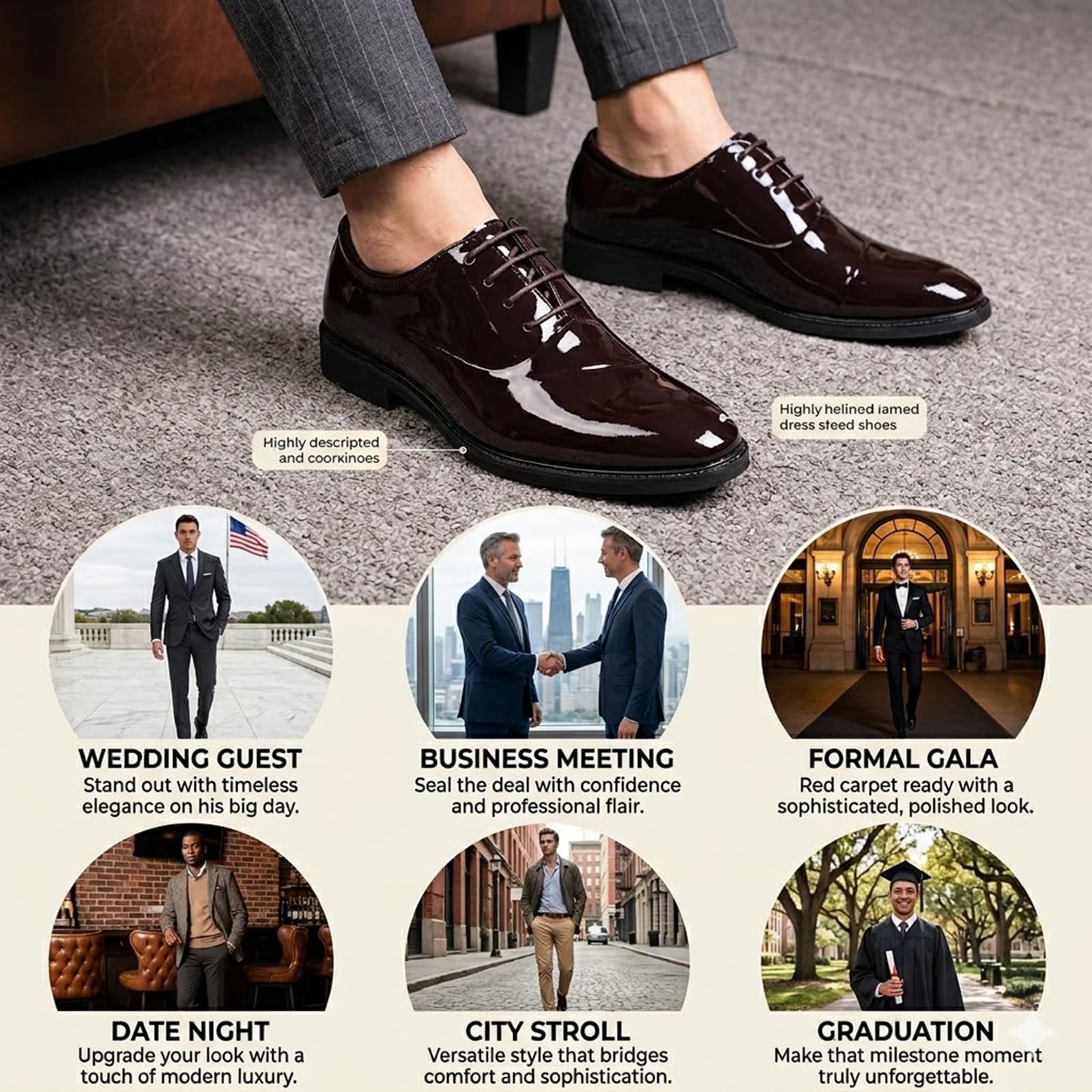 Scarpe da uomo Oxford classiche lucide brevettate Business Formale Scarpe da sposa suola in gomma antiscivolo