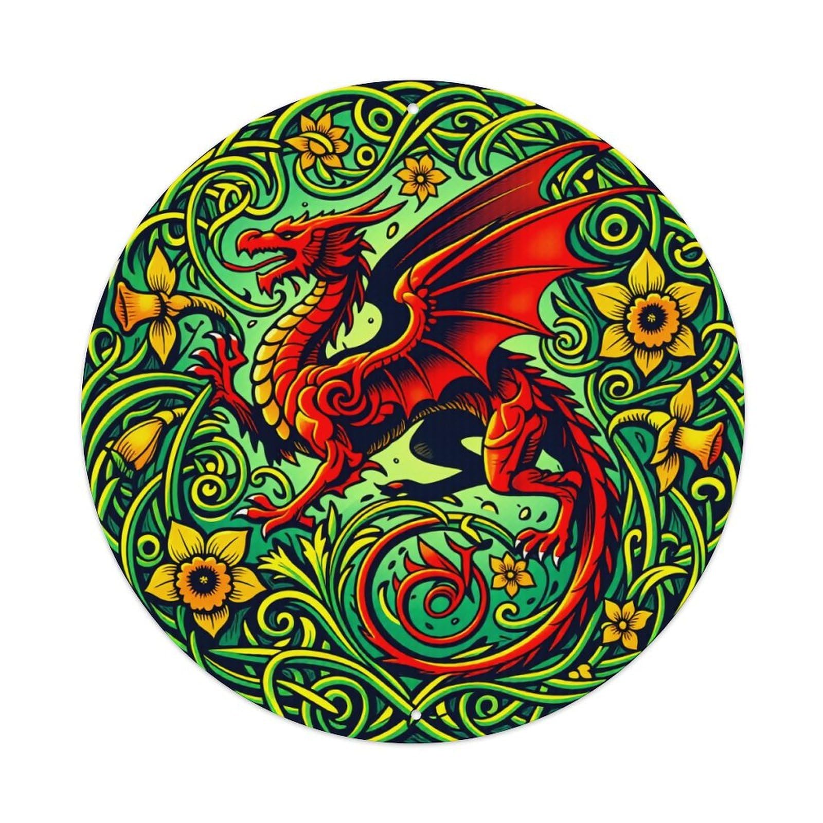 Wmlzdnwr Vintage Dragon Floral Pattern Circular Design Vibrant Colors Artistic Style Round Tin Sign,Retro Wall Art,Metal Poster For Home, Bar, Garage, Cafe, Rustic Indoor & Outdoor Decor, 8X8 Inches