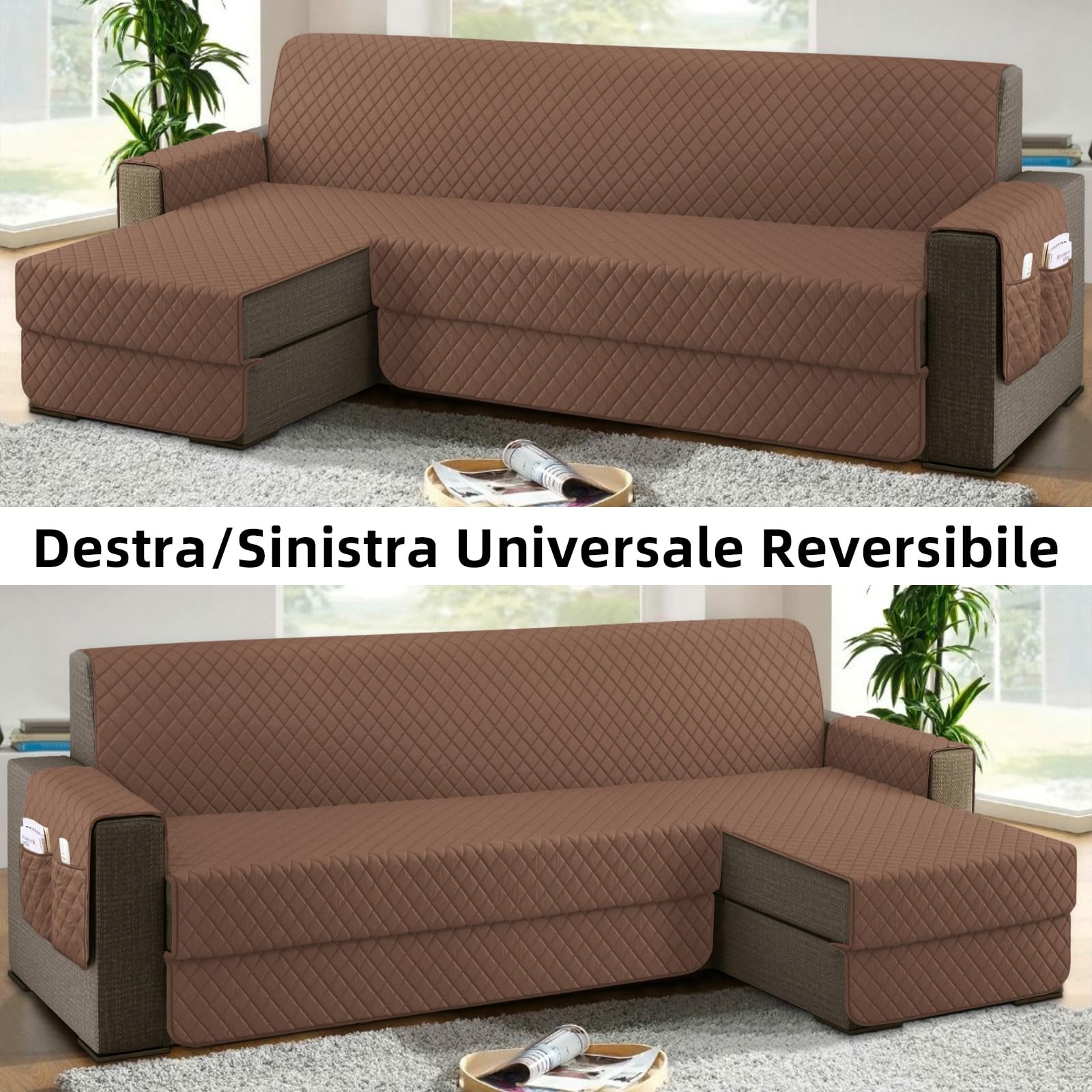 Copridivano con Penisola 4 Posti (L 300 CM) Destra/Sinistra Universale Reversibile Impermeabile, Copridivano Chaise longue Antigraffio, Copridivano Angolare con Tasche Portaoggetti - Marrone Chiaro