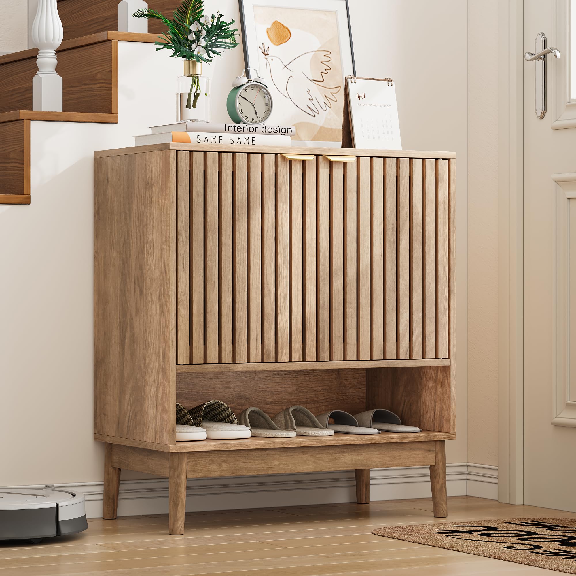 Morwdxef Shoe Cabinet with Slatted Doors, Freestanding Shoe Cabinet Storage for Entryway, 4-Tier Entryway Shoe Organizer Cabinets with Shelves (Oak, 27.6" Wide)