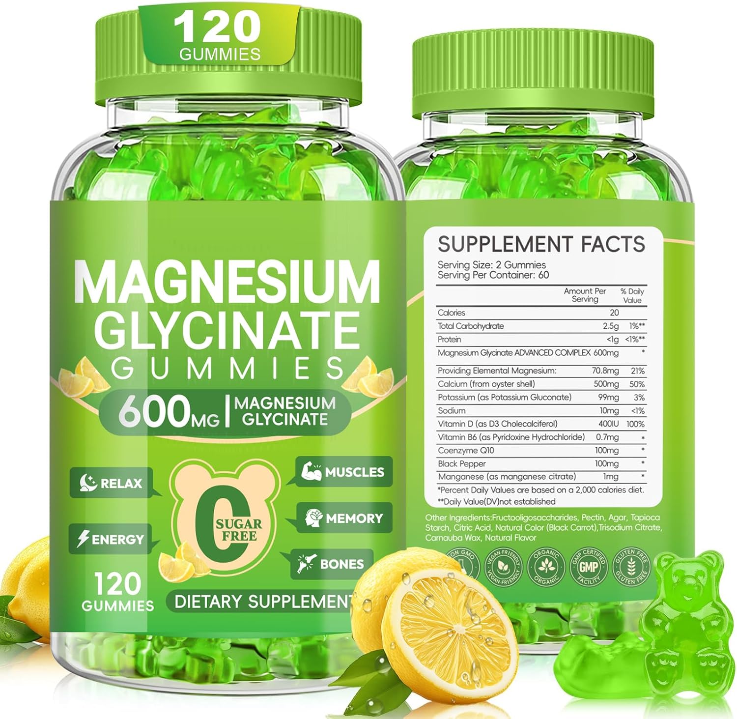 Magnesium Glycinate Gummies 600mg for Women and Men, High Absorption Magnesium Glycinate with Vitamin D, B6, and CoQ10 for Calm Support & Sleep, Sugar Free, Vegan, 60 Days Supply