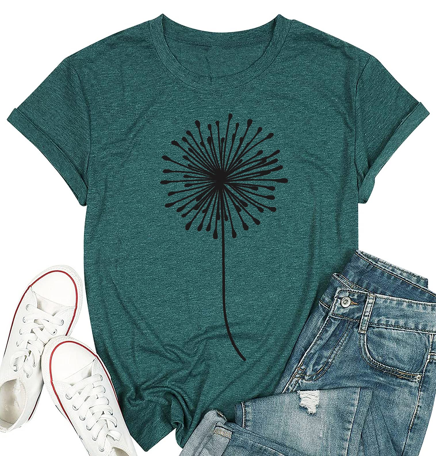 Womens Dandelion T Shirts Sunflower Graphic Casual Tees Short Sleeve Tops