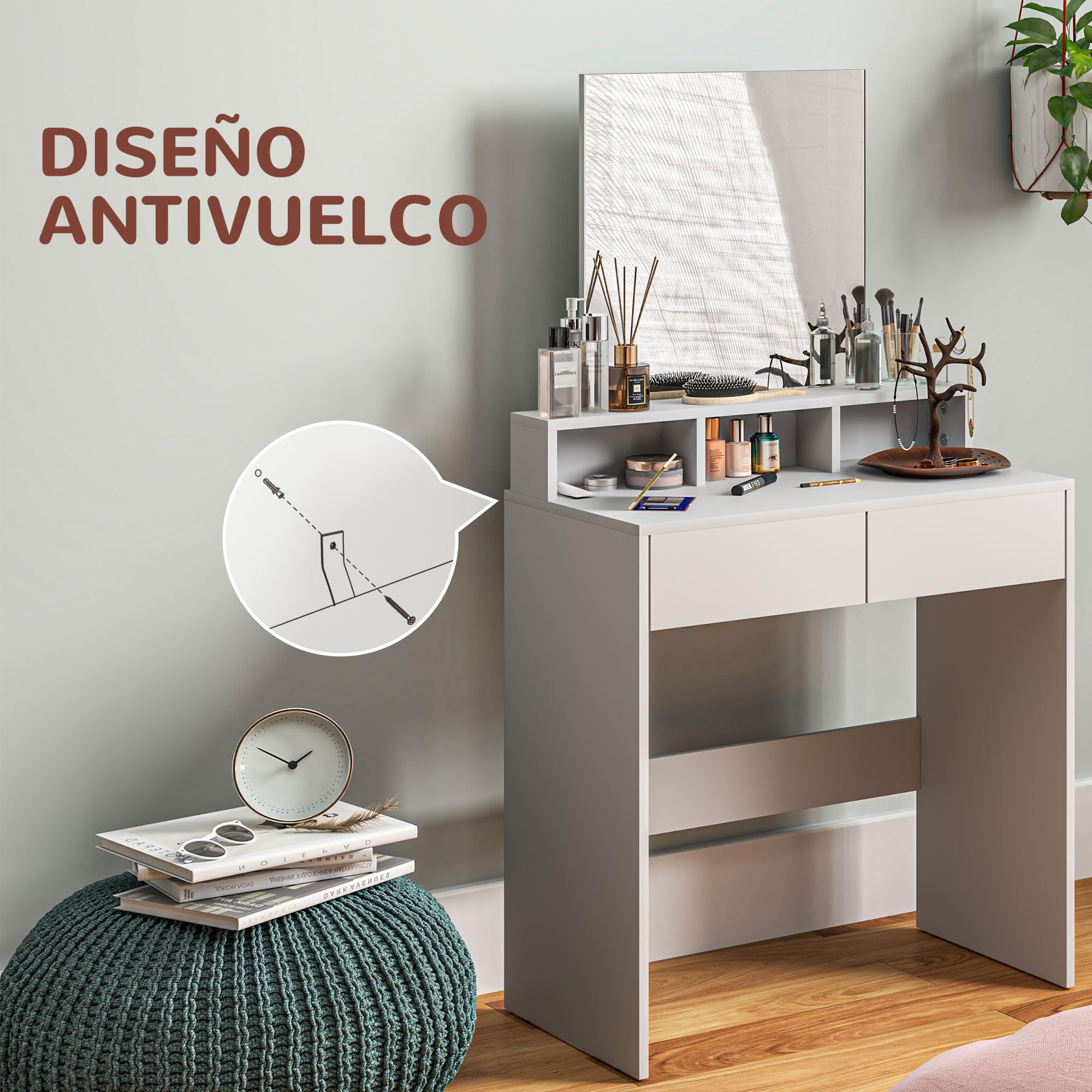HOMCOM Tocador de Maquillaje con Espejo, 2 Cajones, 3 Compartimentos, 75x38x135 cm, Blanco