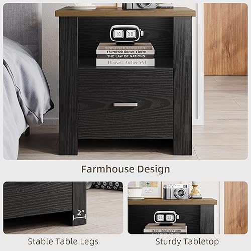 Miniatura 5 de 4ever2buy Mesita de noche de granja con cajón de almacenamiento, mesita de noche negra con mango de metal y estante de madera abierto, mesa auxiliar