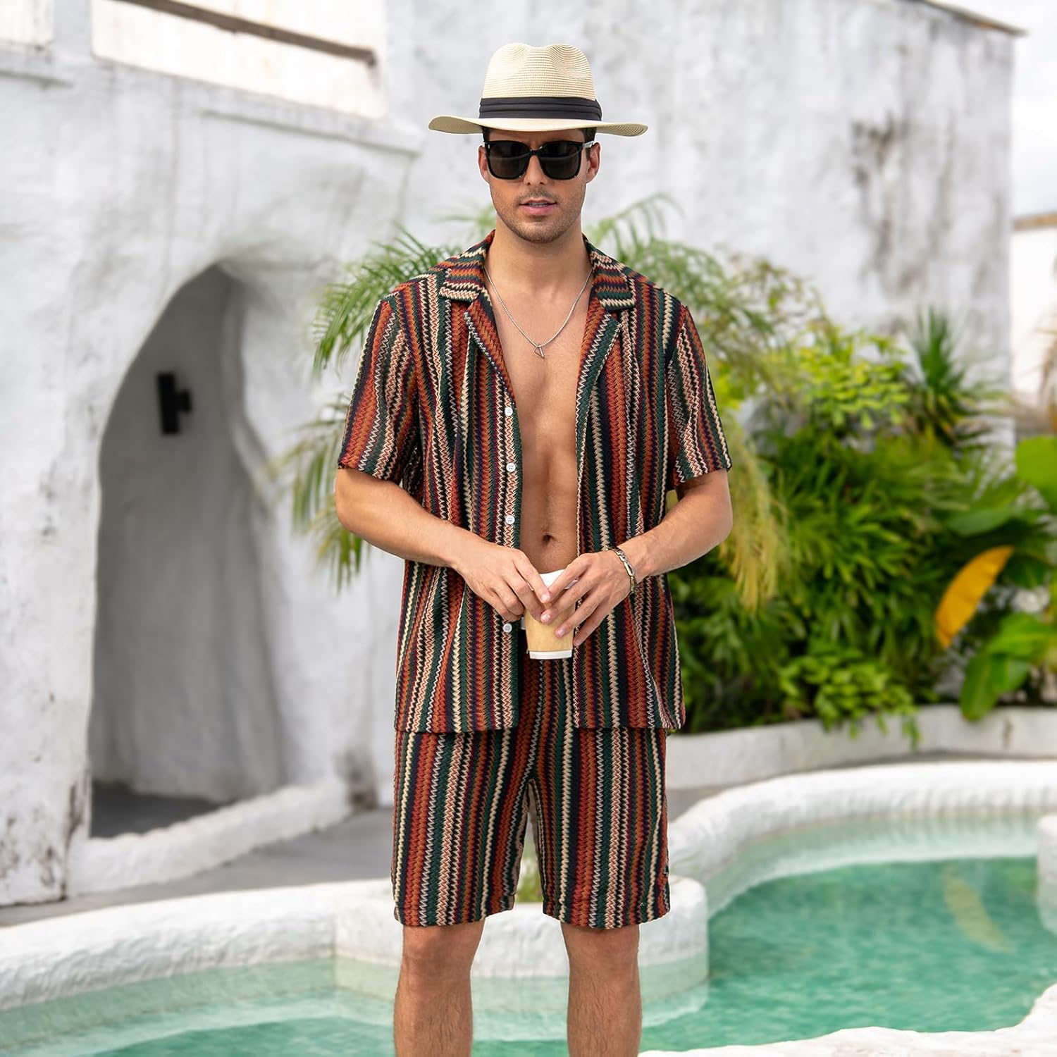 Men’s 2 Piece Casual Beach Set - Striped Short Sleeve Shirt and Shorts Outfit for Summer Vacation Pool Party - Image 5