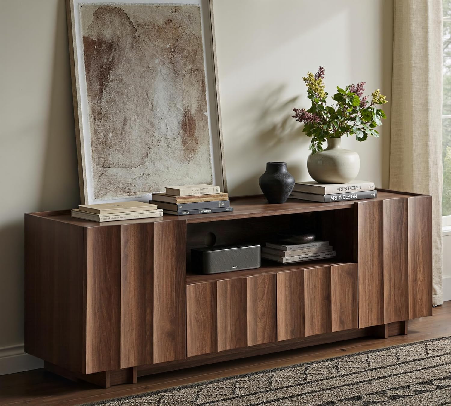 win2win TV Stand for 70 Inch TV, Mid Century Modern TV Stand with Wave Design, Wood Grain Finish, 61" Media Console with Adjustable Shelves, Entertainment Center for Living Room Bedroom, Walnut