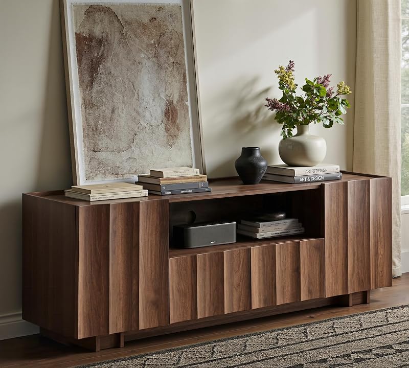win2win 61" Mid Century Modern TV Stand with Storage, Wave Design, Walnut