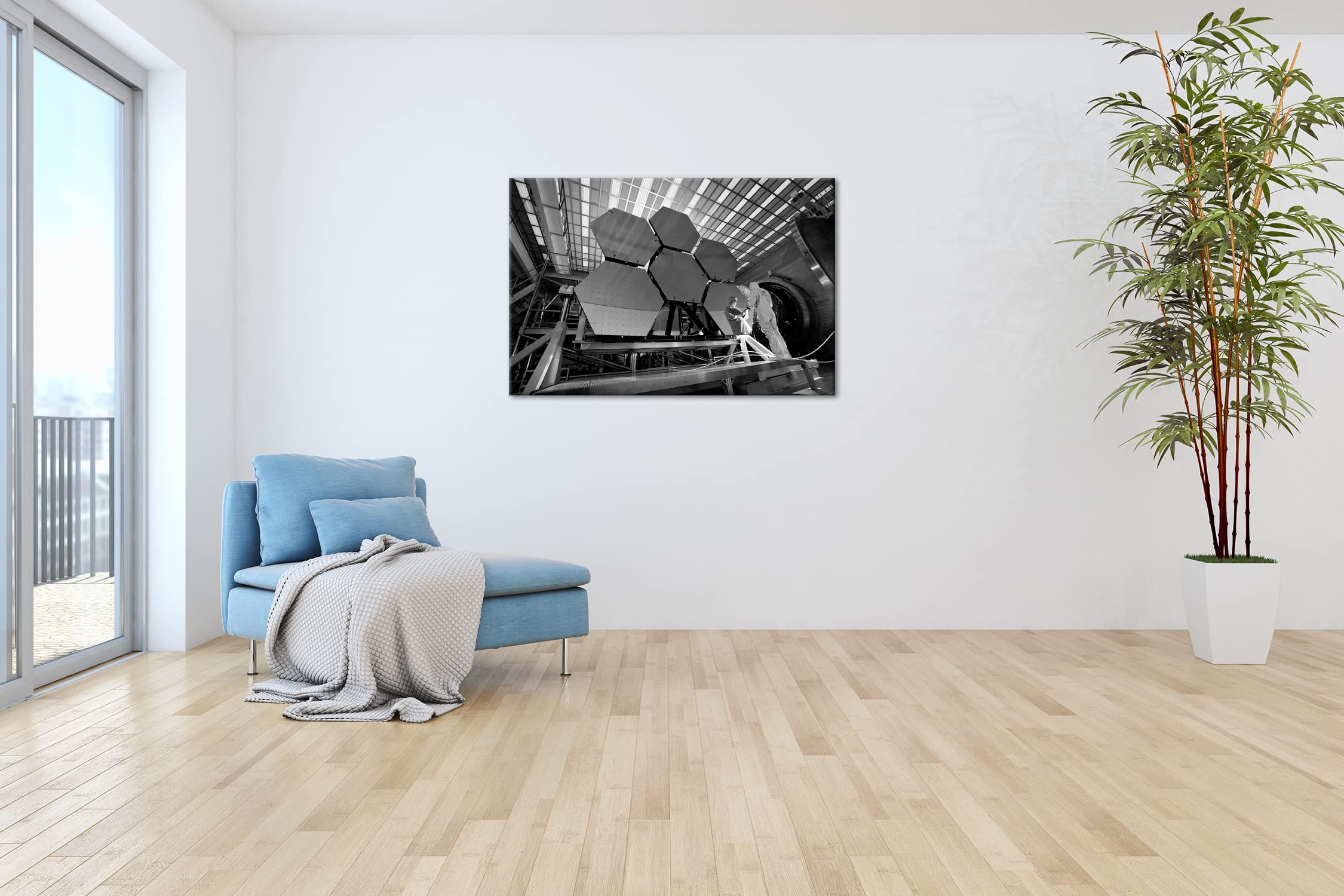 Specchio telescopico gigante, formato 120 x 80, effetto: bianco e nero come stampa su tela, motivo già incorniciato su telaio in vero legno, stampa digitale di alta qualità, nessun poster o poster