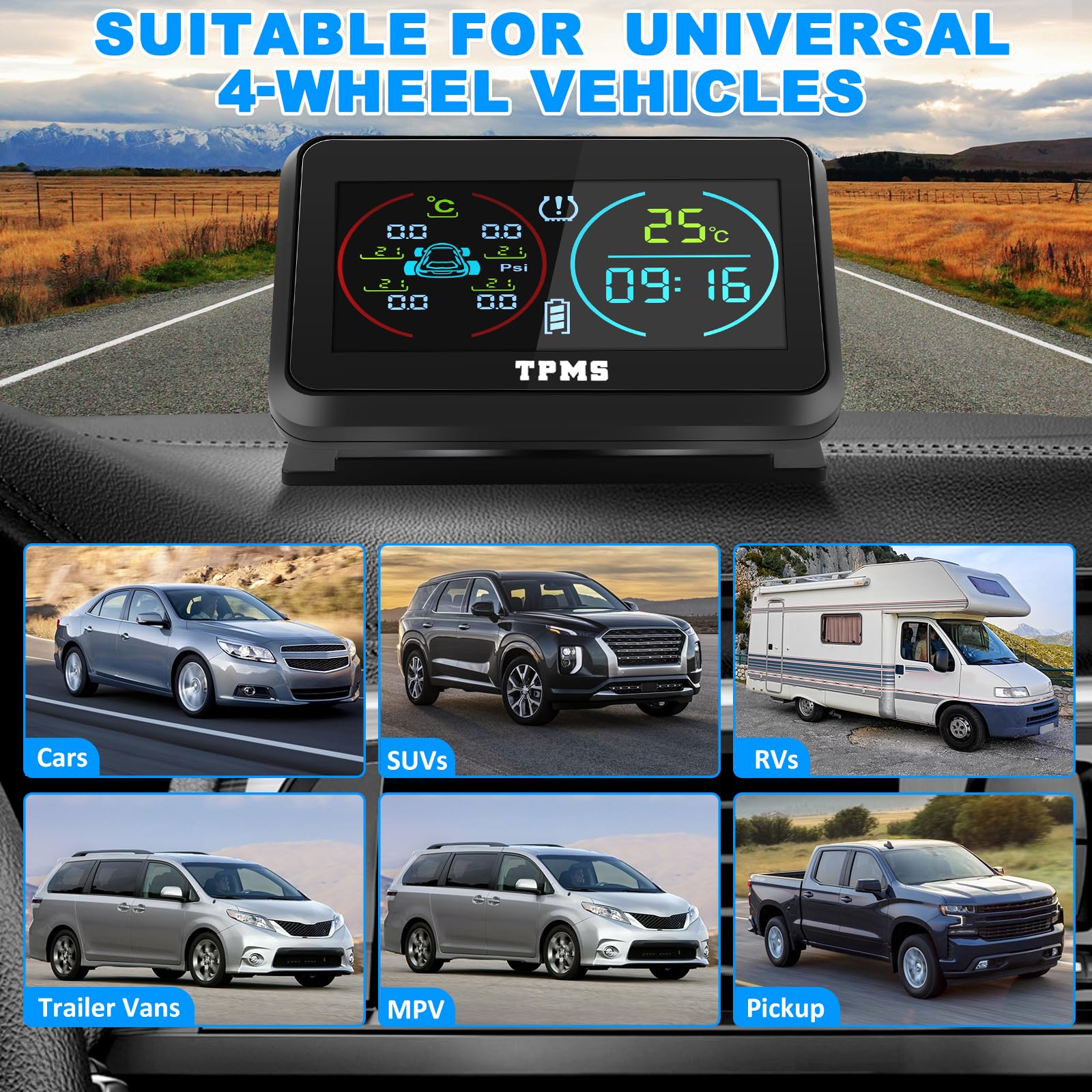 TPMS(0-6.5Bar) Sistema Monitoreo De PresióN De NeumáTicos Carga Solar USB, 4 Sensor Presion Neumaticos 5 Modos De Alarma Monitorización（Temperatura y presión etc.）para Coche SUV Furgoneta