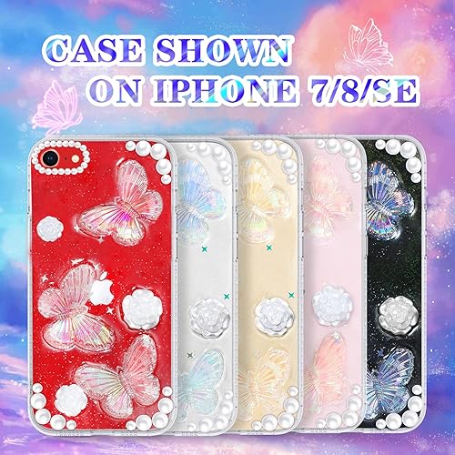 Miniatura 5 de Goocrux Funda 3 en 1 para iPhone SE78 diseño de mariposa 3D, purpurina, brillante, cristal, estilo lindo femenino, cadena y protector de pantalla