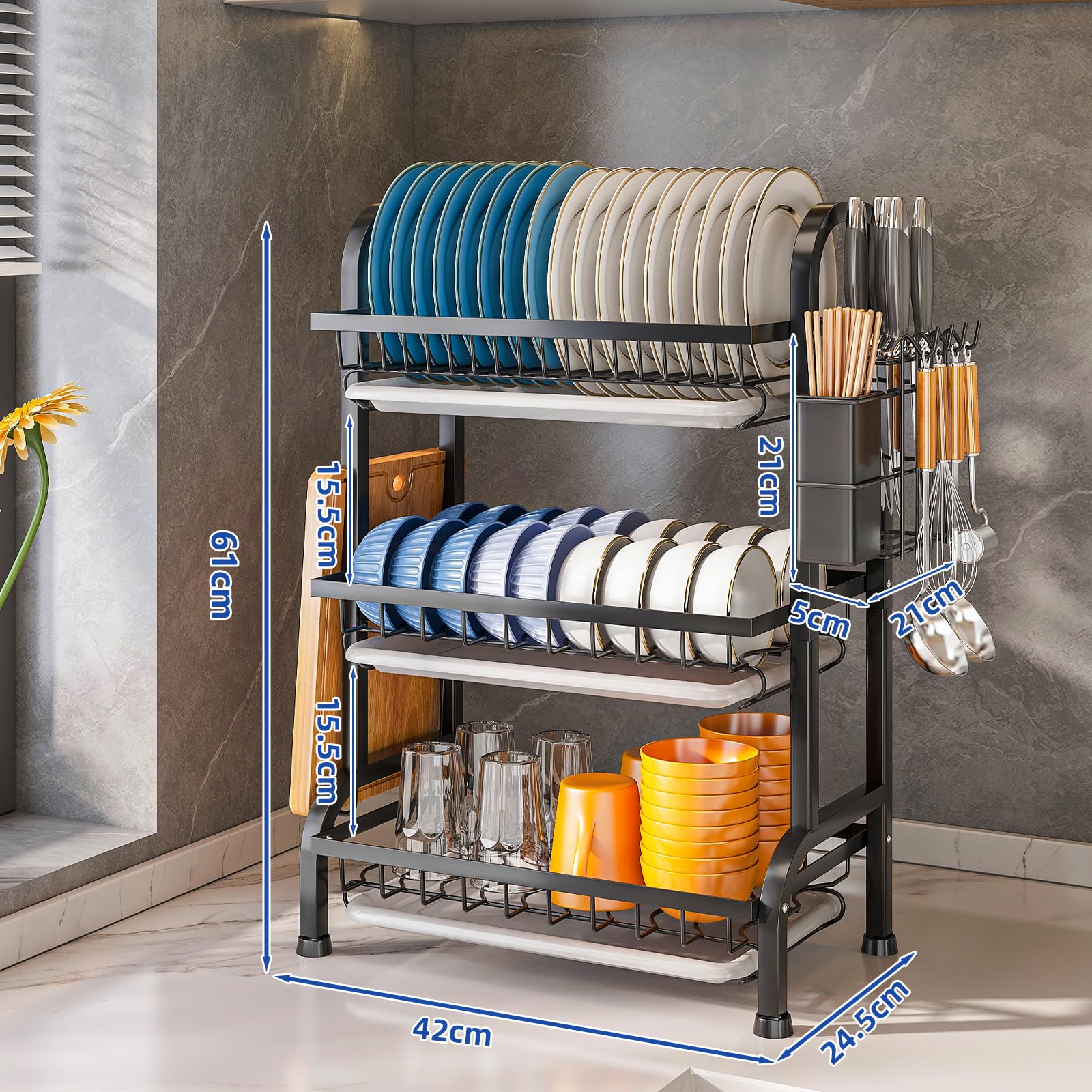 Escurridor de platos de 3 niveles, gran capacidad, escurridor de platos de cocina con bandeja de goteo, 42 cm