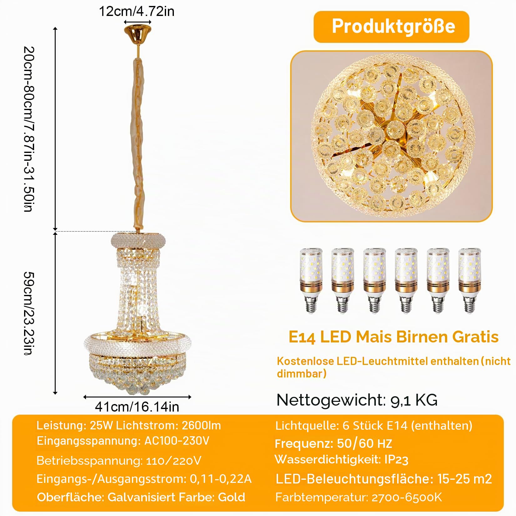 Kristall Kronleuchter Gold 6-Light Ø40cm: Pendelleuchte Vintage Korb Lüster Deckenleuchte mit 6 x E14 Lampen, 3 wählbare Farbtemperaturen & höhenverstellbar für Flur, Kücheninsel