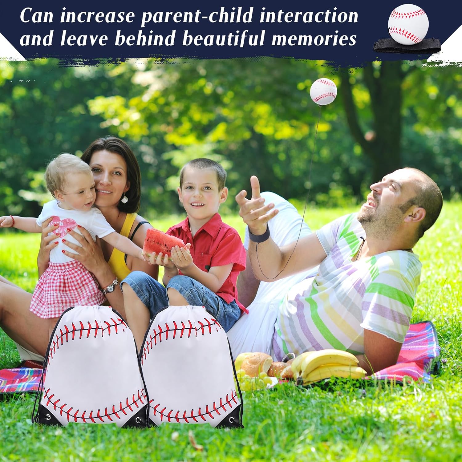 12 Pcs Drawstring Bags with Wrist Return Ball Backpack Sports Party Favors Accessories for Kids Gift(Baseball)