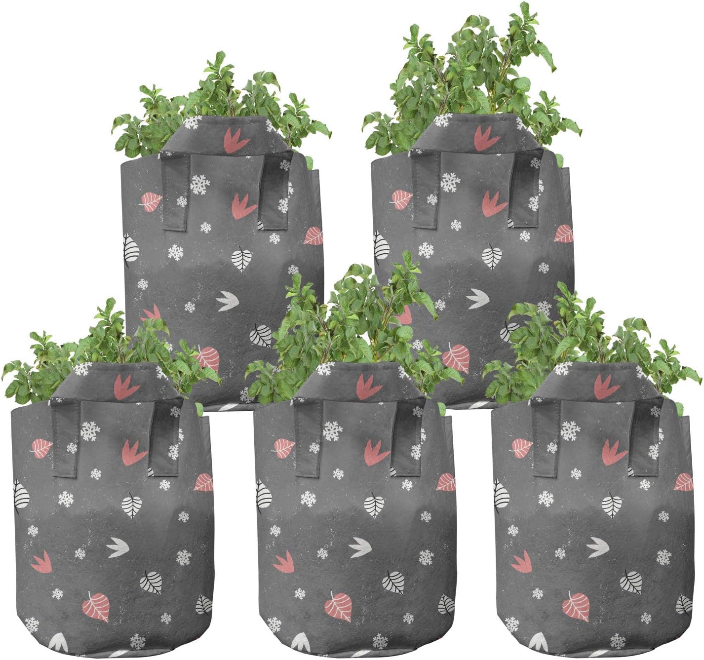 Lunarable Winter Grow Bags 5-Pack, Changing Seasons Nature Leaf, Heavyduty Fabric Pots with Handles for Plants, 7 Gallon, Dark Grey Coral White
