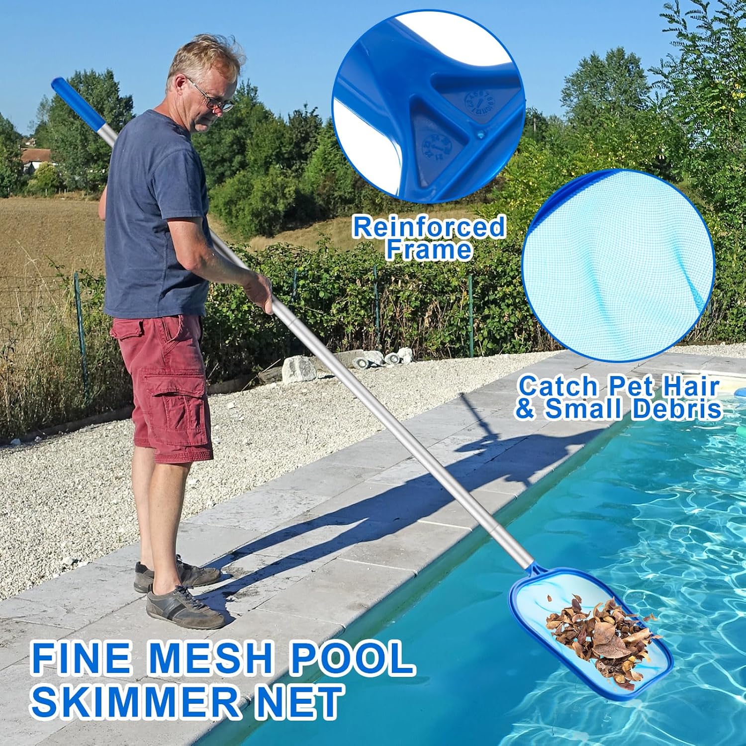 3 Pcs Pool Cleaning Kit with Hand Skimmer Net, 47.24" Aluminum Pole and 17.5" Long Pool Brush Maintenance Accessory Tool for Above Ground Inground Ponds Home Tubs Spa - Image 4