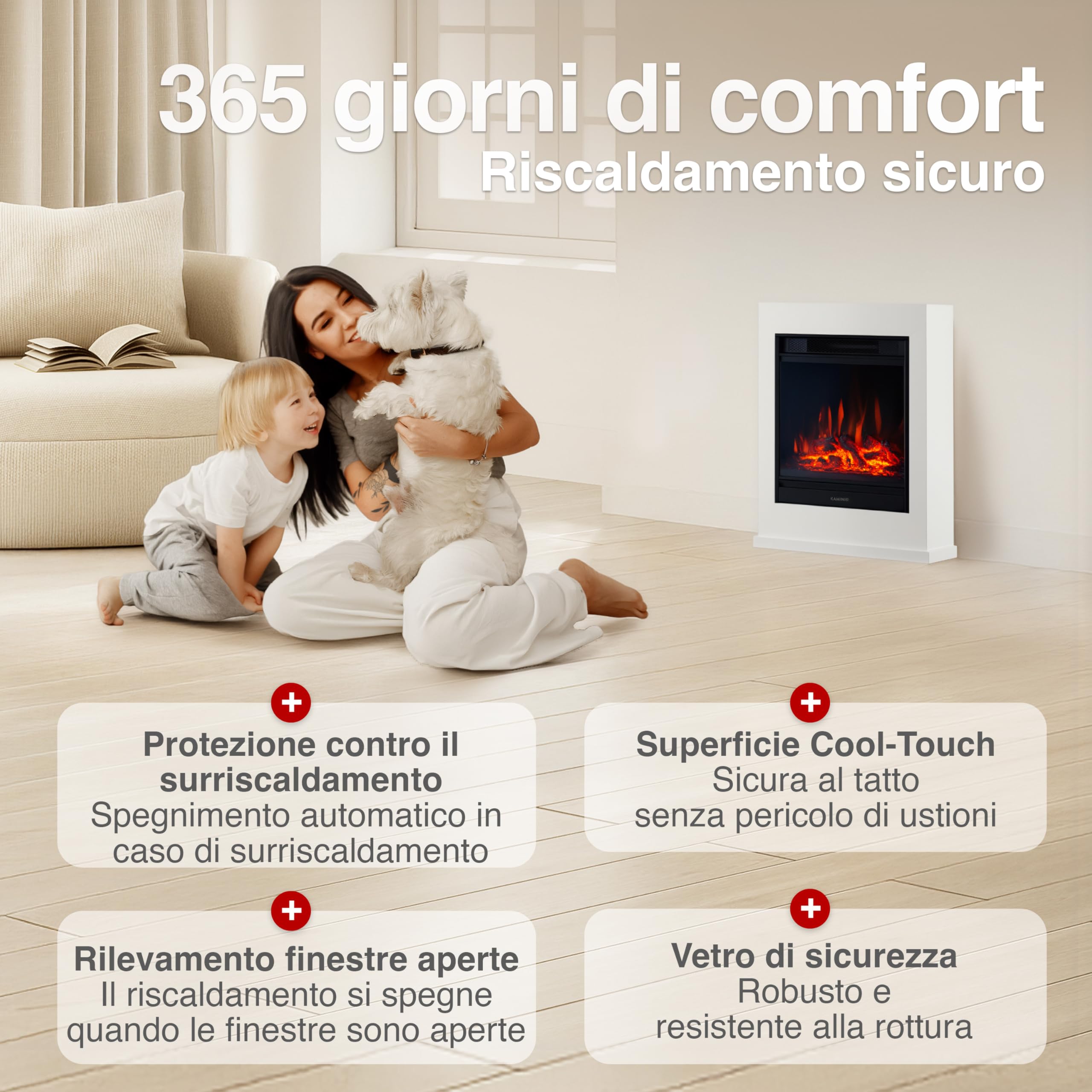 KAMINIO Camino elettrico Kalle - Caminetto elettrico a pavimento con riscaldamento, effetto fiamma 3D, telecomando (Bianco)