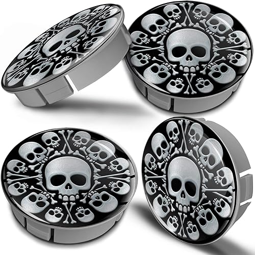 Biomar Labs Tapacubos de rueda universales 3D de 2.362 in, 4 tapas centrales de calavera plateada, CS 8