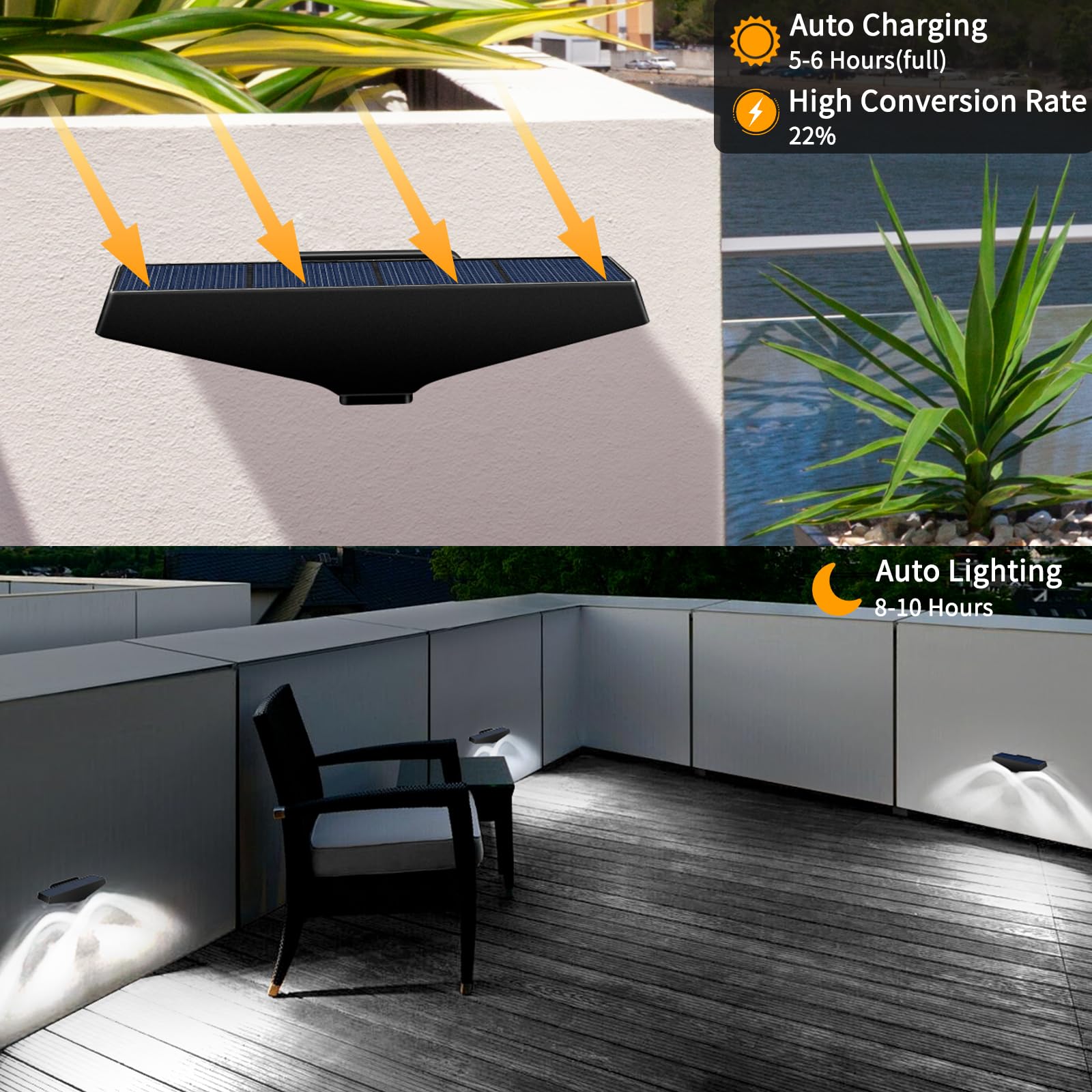 WAFTING Solarne lampy ogrodzeniowe, 4 sztuki, solarne światła schodowe, wodoodporne IP65, solarne światła pokładowe na schody zewnętrzne, ściany, ogrodzenie, podwórko, patio, taras