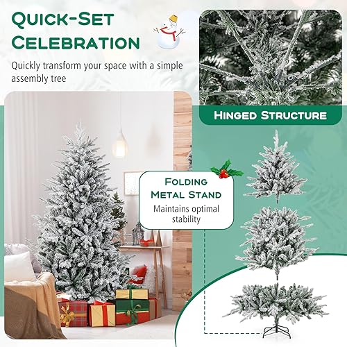 Miniatura 7 de HAPPYGRILL Árbol de Navidad flocado preiluminado de 6 pies, árbol de Navidad artificial con bisagras con 8 modos de iluminación, 260 luces LED
