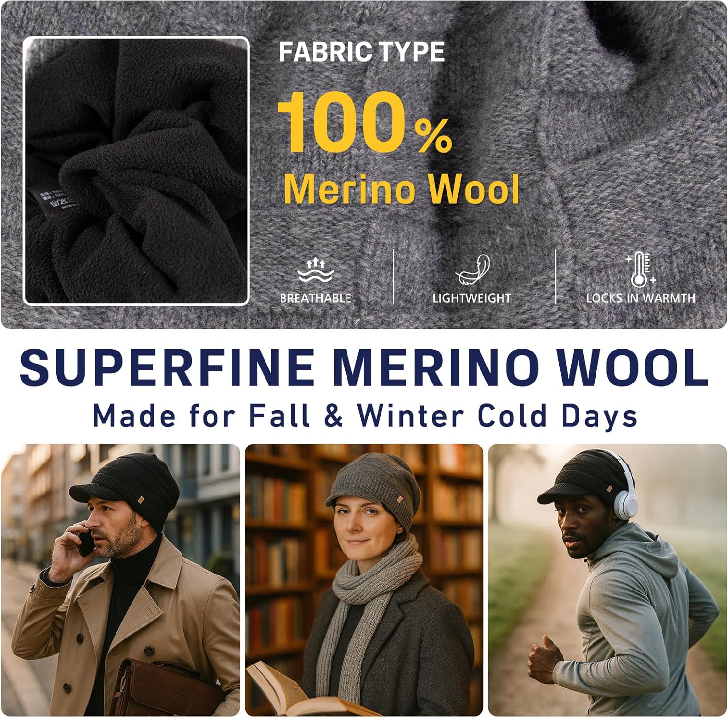 PolarWool™ 100% Merino Wool L/XL/XXL Fleece Lined Slouchy Visor Beanie Stocking Winter Hat with Brim Knit Cap for Men Women - Image 7