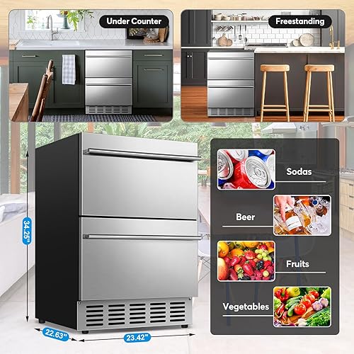 Miniatura 7 de FoMup Refrigerador de bebidas debajo del mostrador de 24 pulgadas, refrigerador con cajón de acero inoxidable con control de temperatura para uso