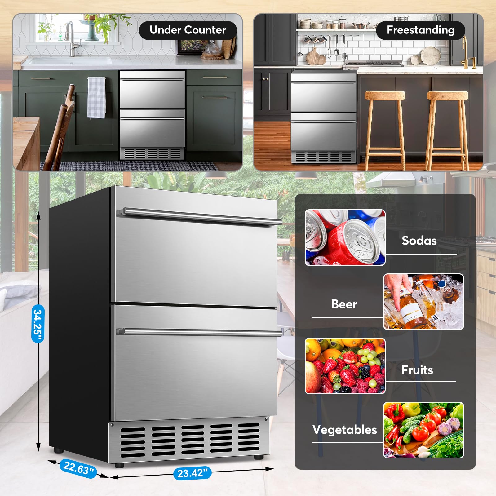 Turephe Drawer Fridge Undercounter, Beverage Refrigerator 24 Inch Outdoor Stainless Steel With Temperature Control For Home, Outdoor Patio And Commercial Use on Fridge.com - View 6
