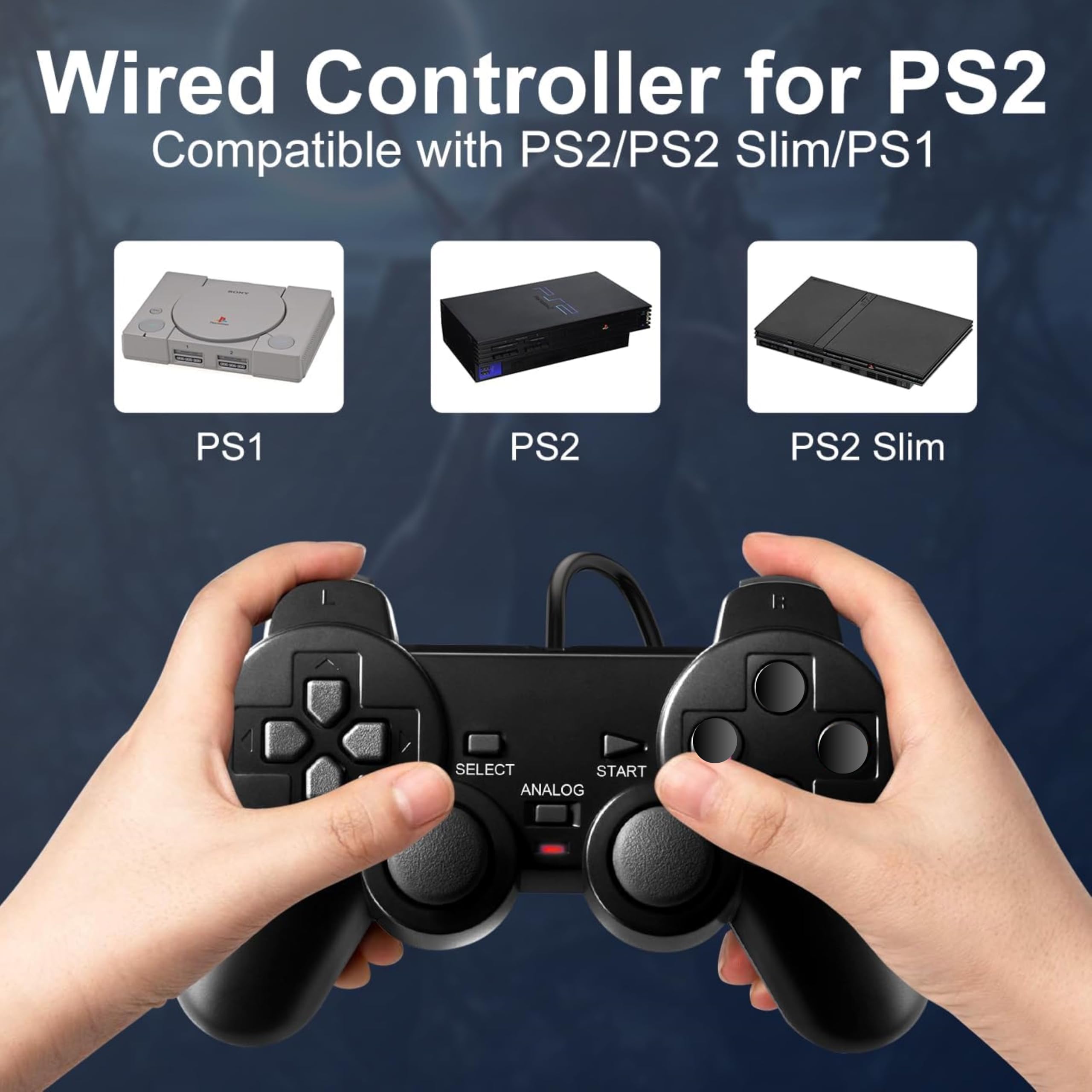 FLLAGG20 | 2X Controller cablato Compatibile con Ps2, PS1, PSX | Nero, 1.8m cavo, | Doppia Vibrazione, Plug and Play, layout ergonomico | Joystick Compatibile con giochi arcade