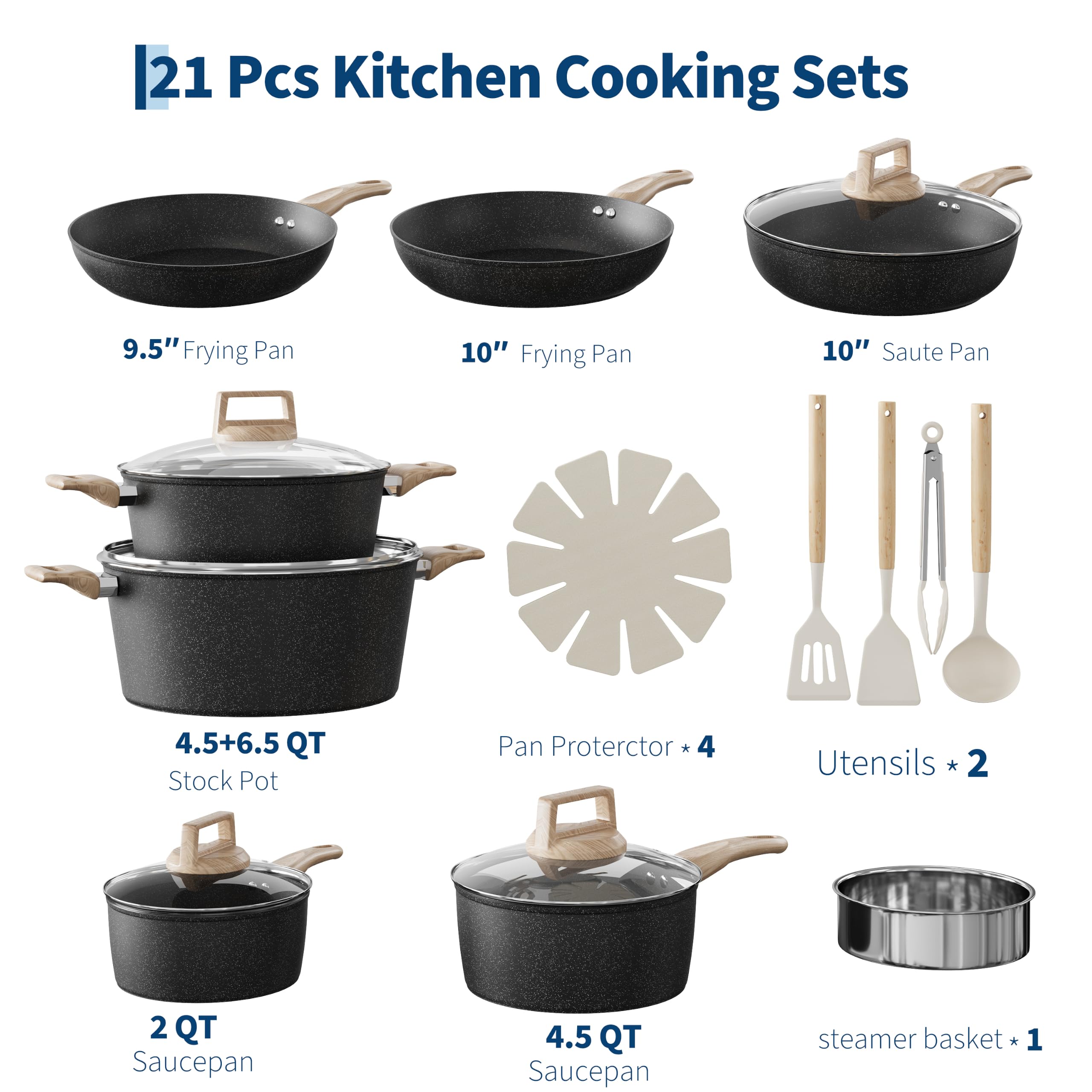 21-teiliges Kochgeschirr-Set aus Aluminium Antihaftbeschichtung, Induktion, gleichmäßiges Erhitzen, mit Dampfgarer + Utensilien, Schwarz