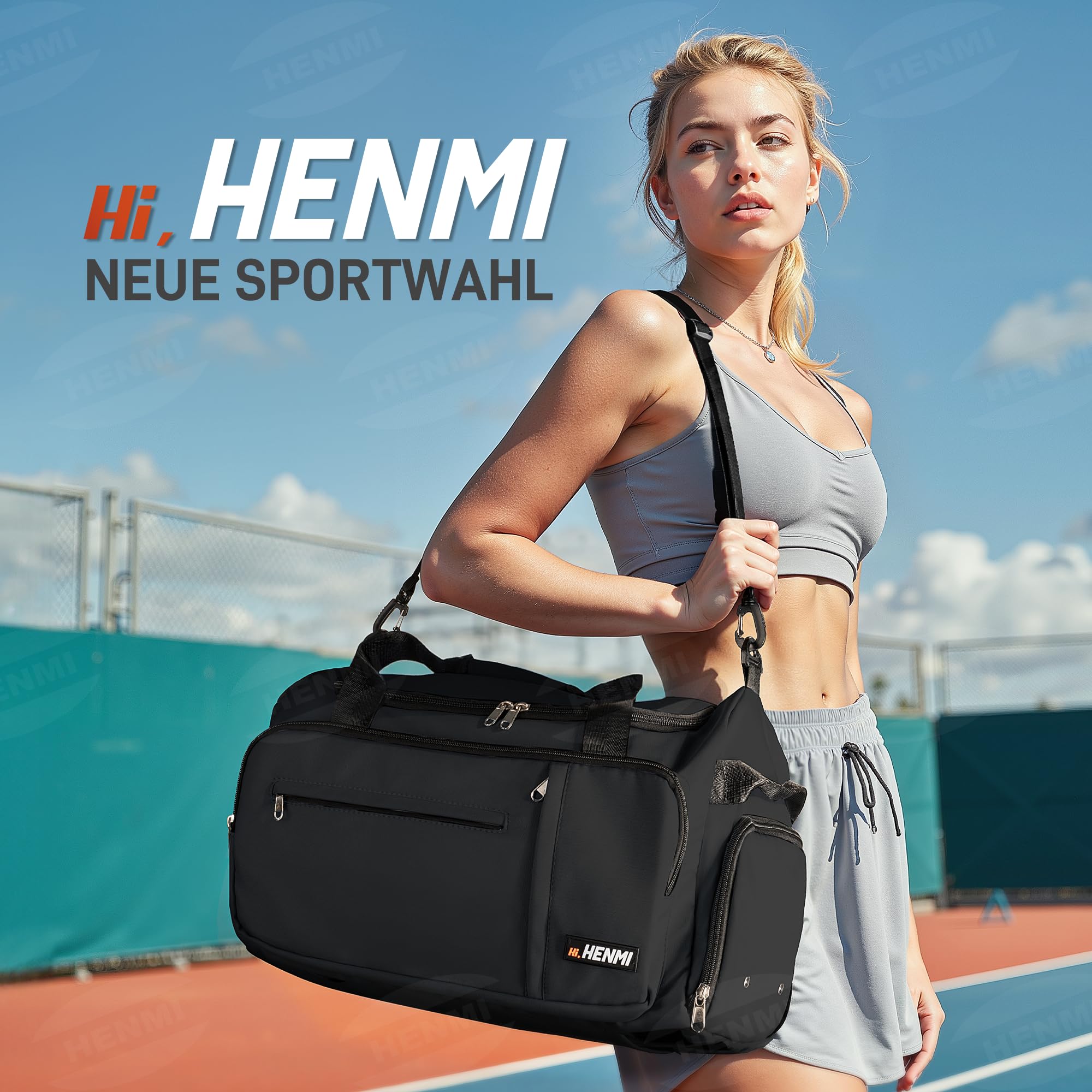 HENMI Sporttasche & Reisetasche für Herren und Damen, 43L Groß gymbag mit Schuhfach und Nassfach, Faltbare Gym Tasche für Sport und Travel, Sport Tasche, Trainingstasche, Gym Tasche (Schwarz)