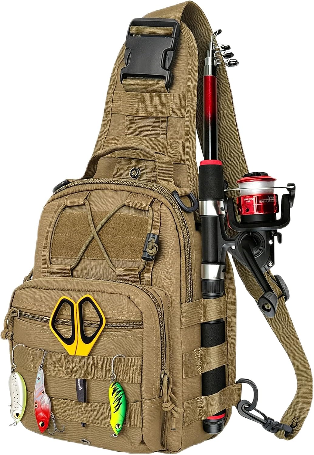 Fishing Backpack Small Fishing Tackle Storage Bag with 3 Methods of Carrying Large Capacity Sling Backpack for Outdoor Hiking Travel Hunting (Army Green)