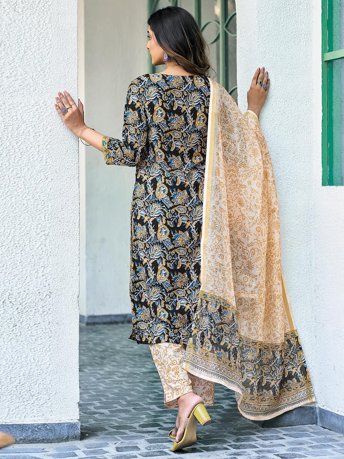 Sanisa Women's Rayon Blend Floral Printed Straight Kurta With Pant And Dupatta (129Kbd1393N-L_Black & Multi3)