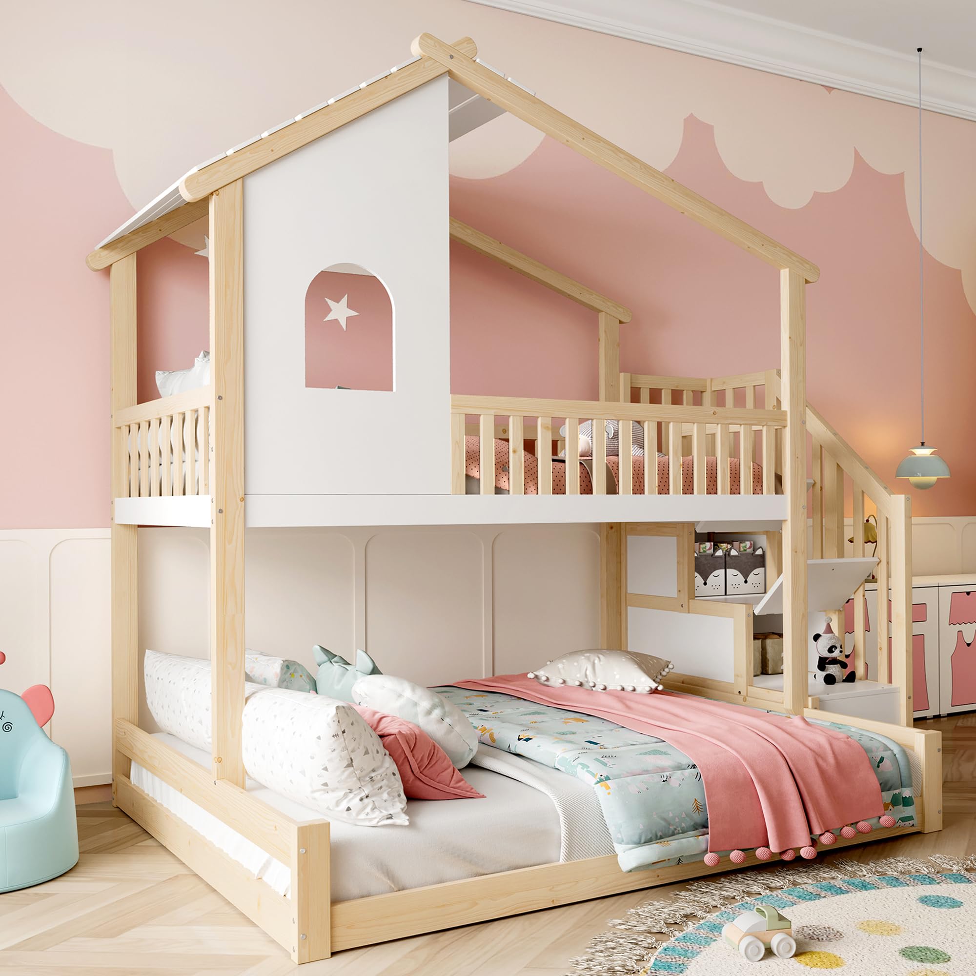 Moimhear Letto a castello, letto per bambini, scaletta per finestre, listello naturale e bianco, legno di pino+MDF + Plywood (90 x 200 cm+140 x 200 cm)