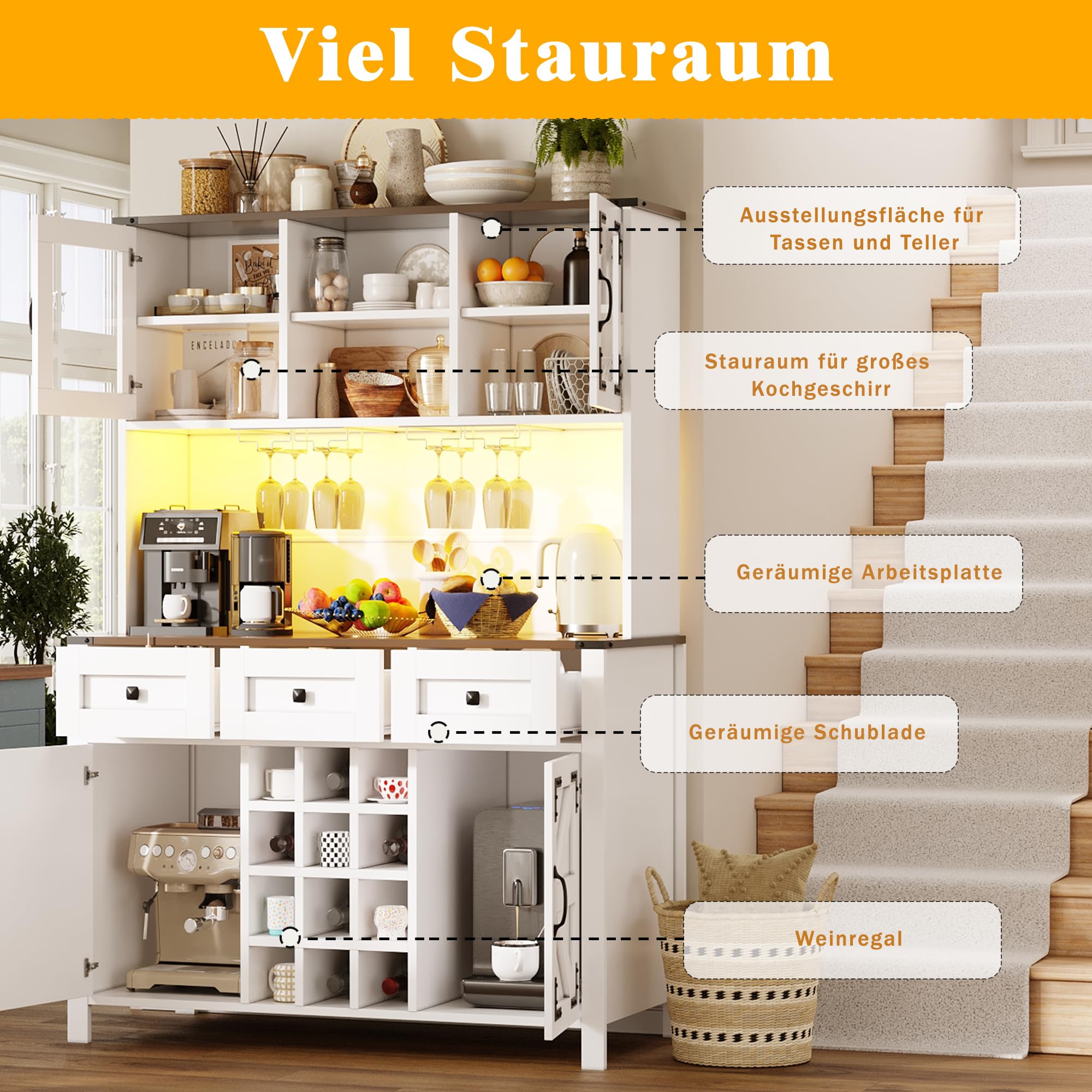 Küchenschrank mit LED-Lichtleiste und USB-Anschlüssen, Hochschrank mit Schublade und Aufbewahrungsschrank, Buffetschrank mit Weinregal, Weiß-B, 120x40x170 cm