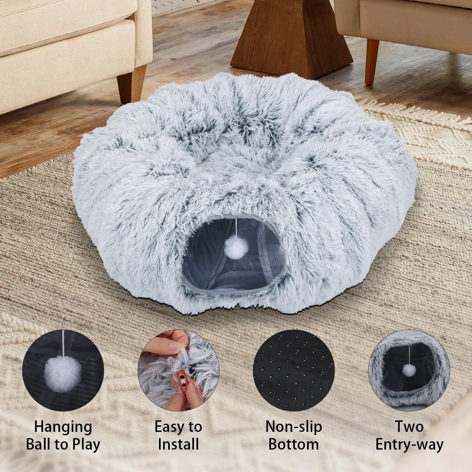 Road túnel para Gatos, Cama Tipo túnel para Gato con Alfombrilla de cojín Donut Forma Circular Plegable extraíble con Agujeros Bolas (Gris, 85 X 26 Cm)