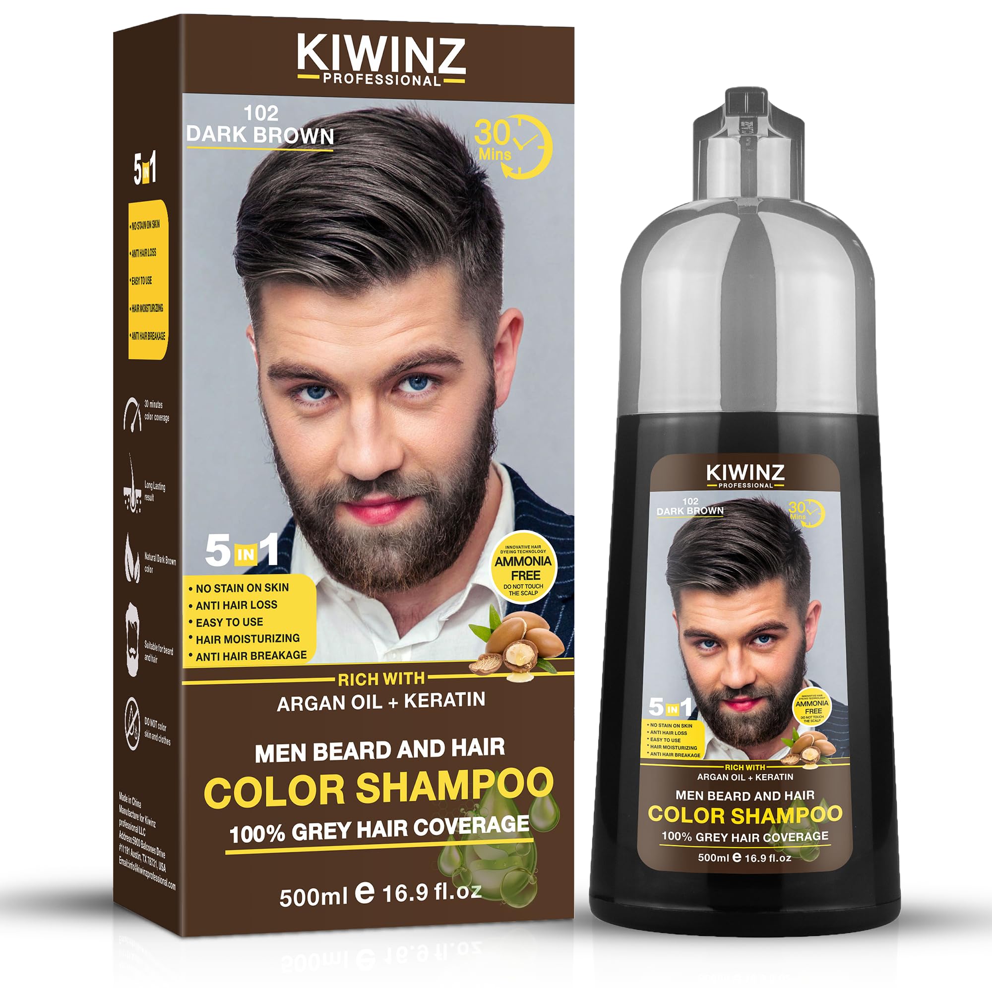 Kiwinz Professional Dark Brown Hair Color Shampoo for Men – 5 in 1 Hair Dye Shampoo for Grey Hair - Instant Hair Dye with 100% Color Accuracy with