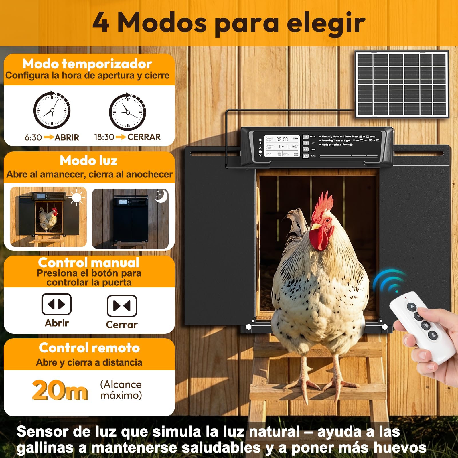 Puerta Gallinero Automática Solar, con Función Manual y Temporizador, Puerta Automática Gallinero con Energía Solar Anti-aplastamiento | Control Remoto | Batería de Alta Capacidad | Gran Panel Solar
