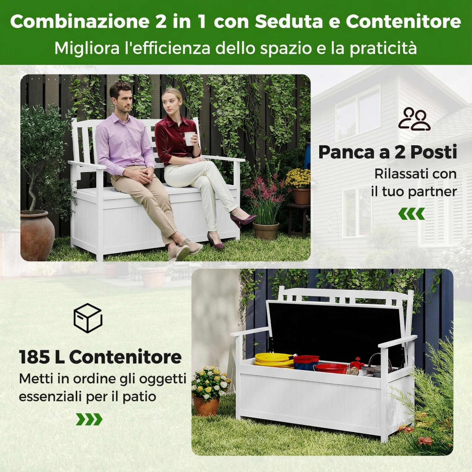 COSTWAY Panchina da Giardino con Contenitore di Legno, Cassapanca da Esterno 2 Posti con Schienale e Braccioli, Panca per Cortile e Ingresso, 123 x 68,5 x 96 cm (Bianco)