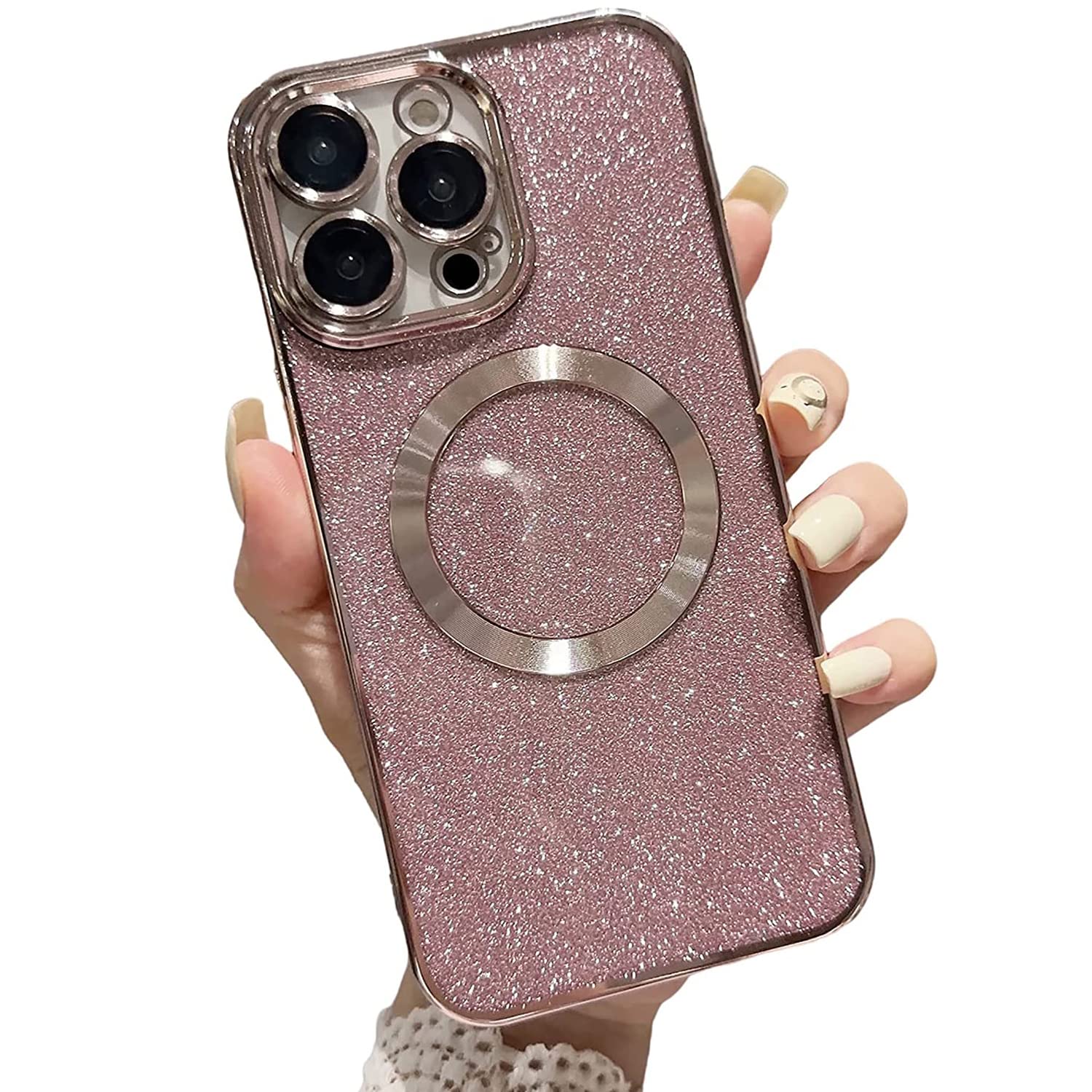 FinyoseeCompatible with iPhone 14 Pro Max Case,Luxury Magnetic Glitter Plating Bling Sparkle Shiny Bumper with Camera Protector Back Cover，Compatible with MagSafe for Women Girls-Pink