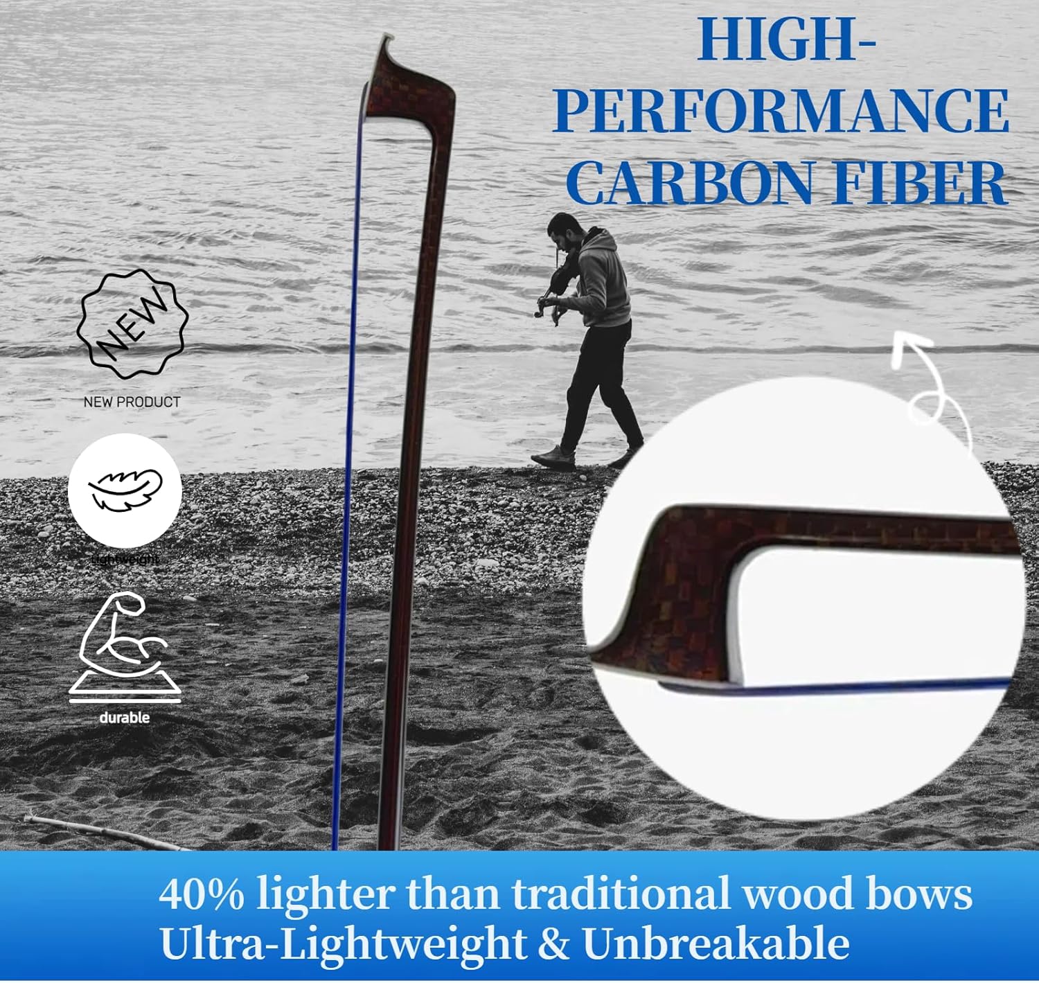 Premium Carbon Fiber Violin Bow 4/4 - Lightweight, Durable, & Stylish with Snakewood Frog & Dyed Horsehair，Colorful Carbon Fiber Violin Bow - Vibrant Design with High-Performance Materials (Blue)